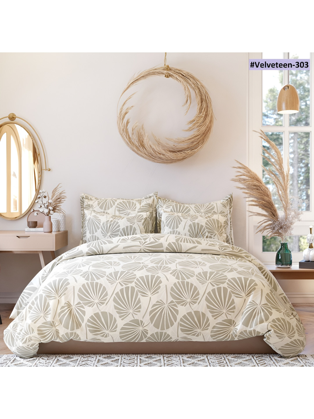 

THE HOME STYLE Beige & Grey Printed 300 TC Queen fitted Bedsheet with 2 Pillow Covers