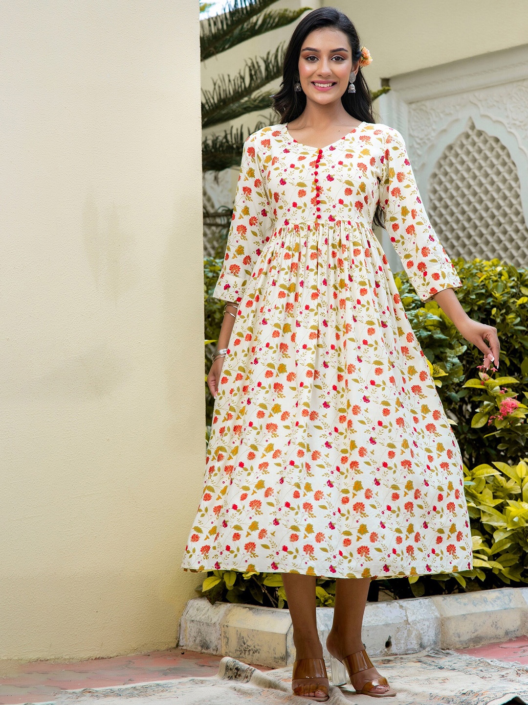 

INDIANIC Floral Printed A-Line Midi Dress, Cream