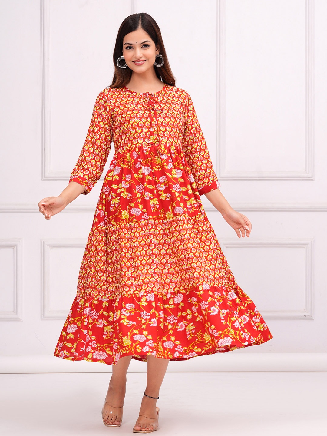 

INDIANIC Floral Print Tie-Up Neck A-Line Midi Dress, Red