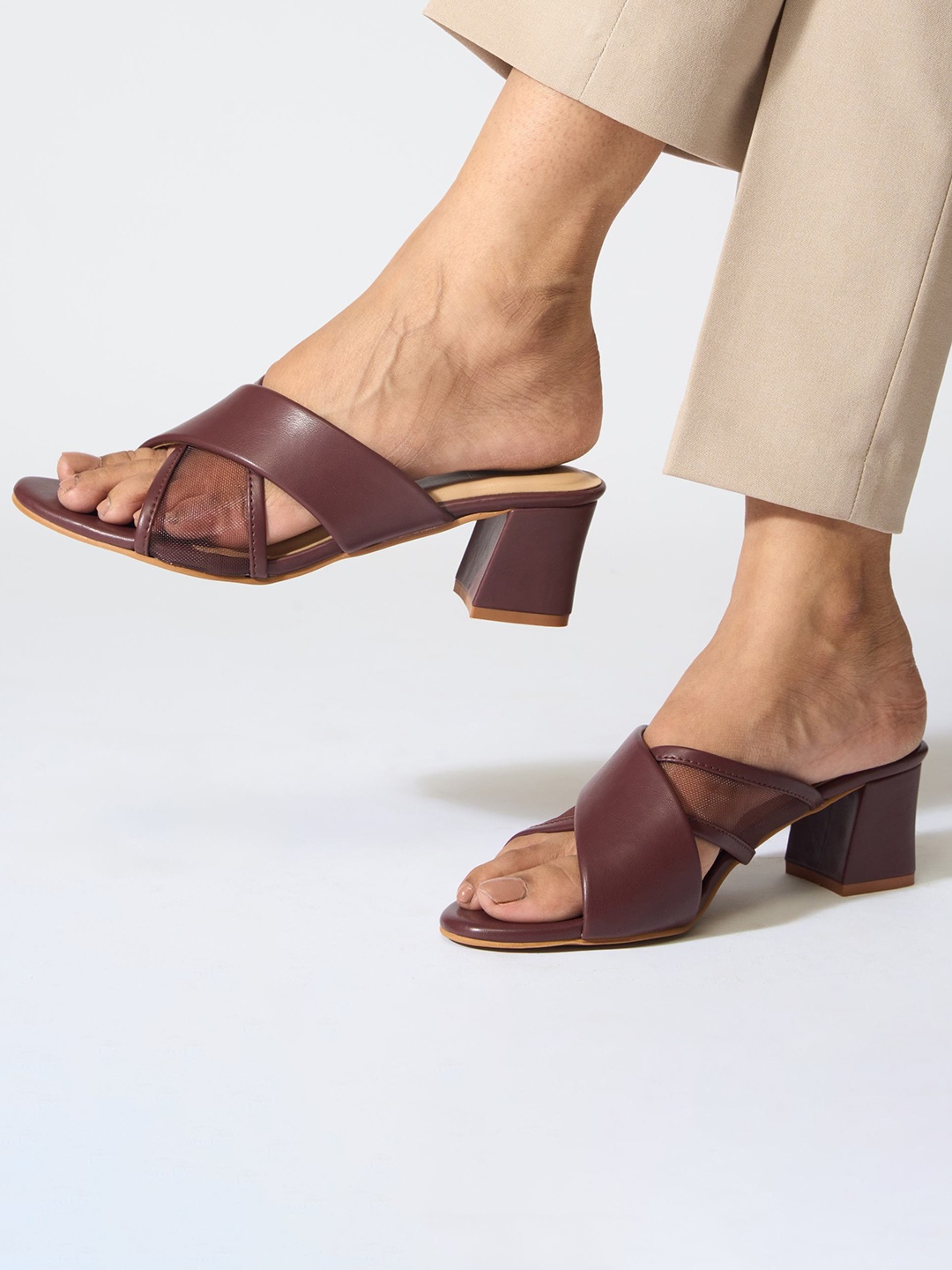 

CAI PU Cross Strappy Block Heels, Maroon