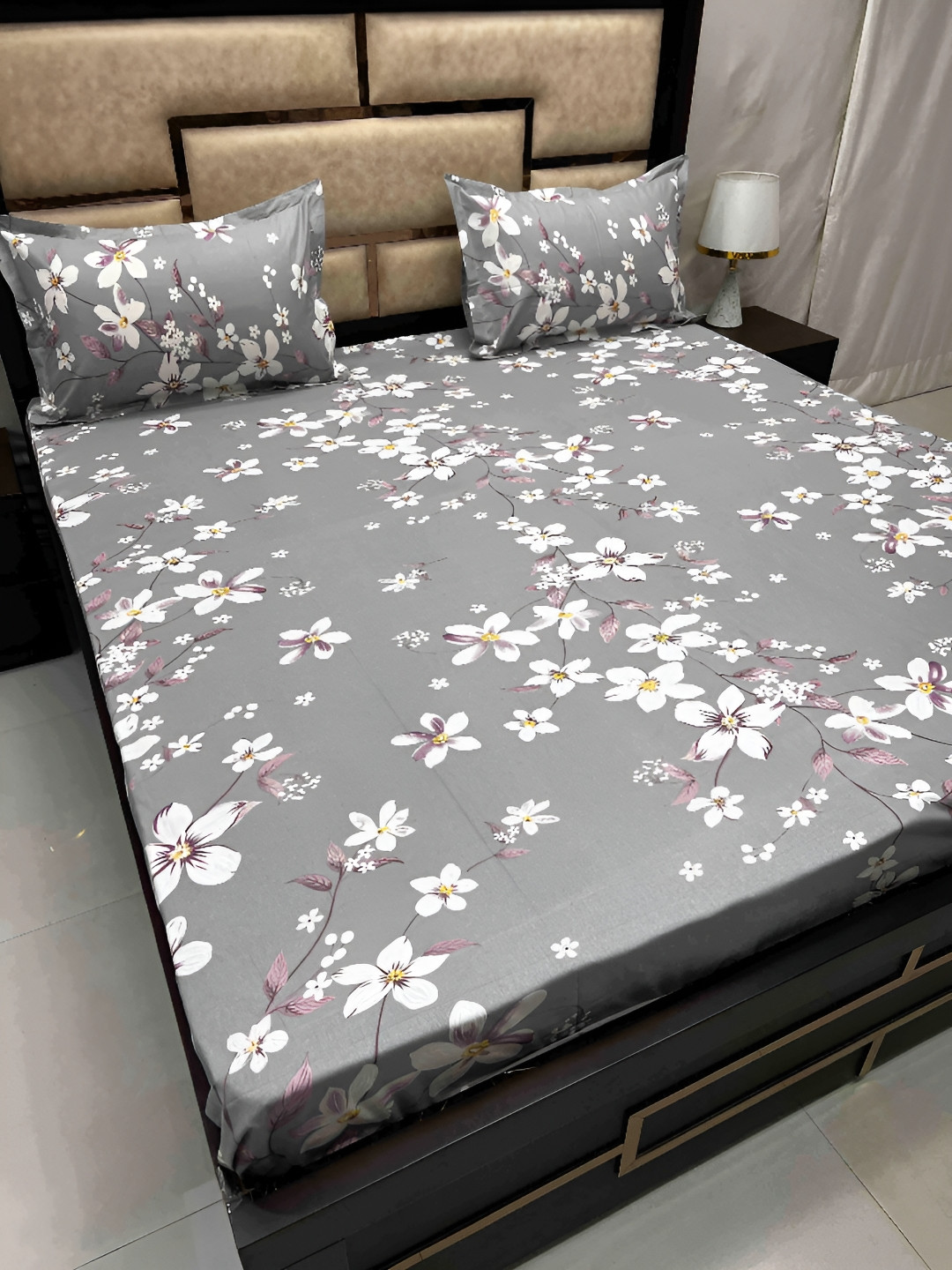 

Pure Decor Grey Floral Printed 230 TC Pure Cotton Queen Bedsheet with 2 Pillow Covers