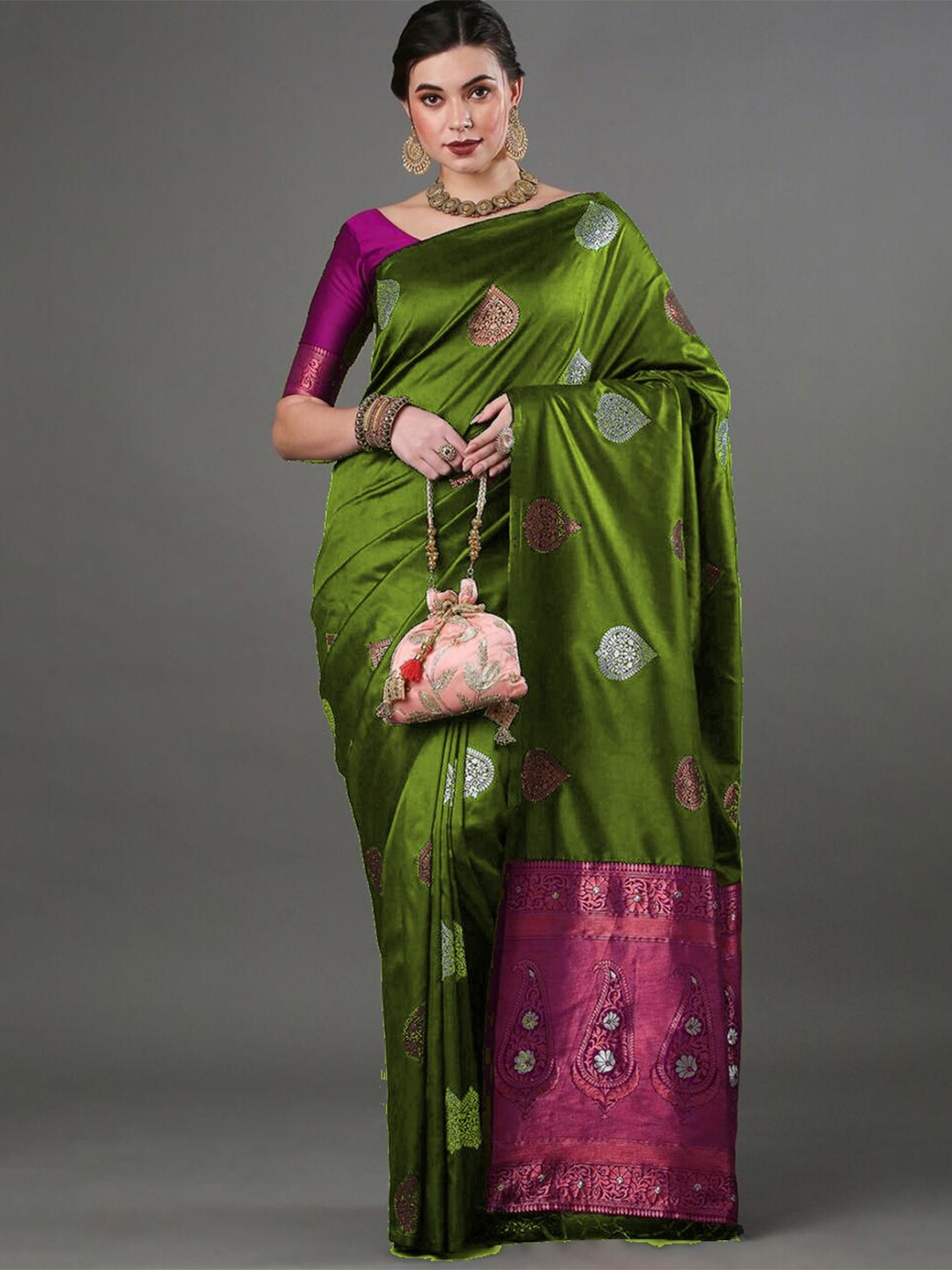 

bansari textiles Ethnic Motif Woven Design Zari Pure Silk Banarasi Saree, Olive