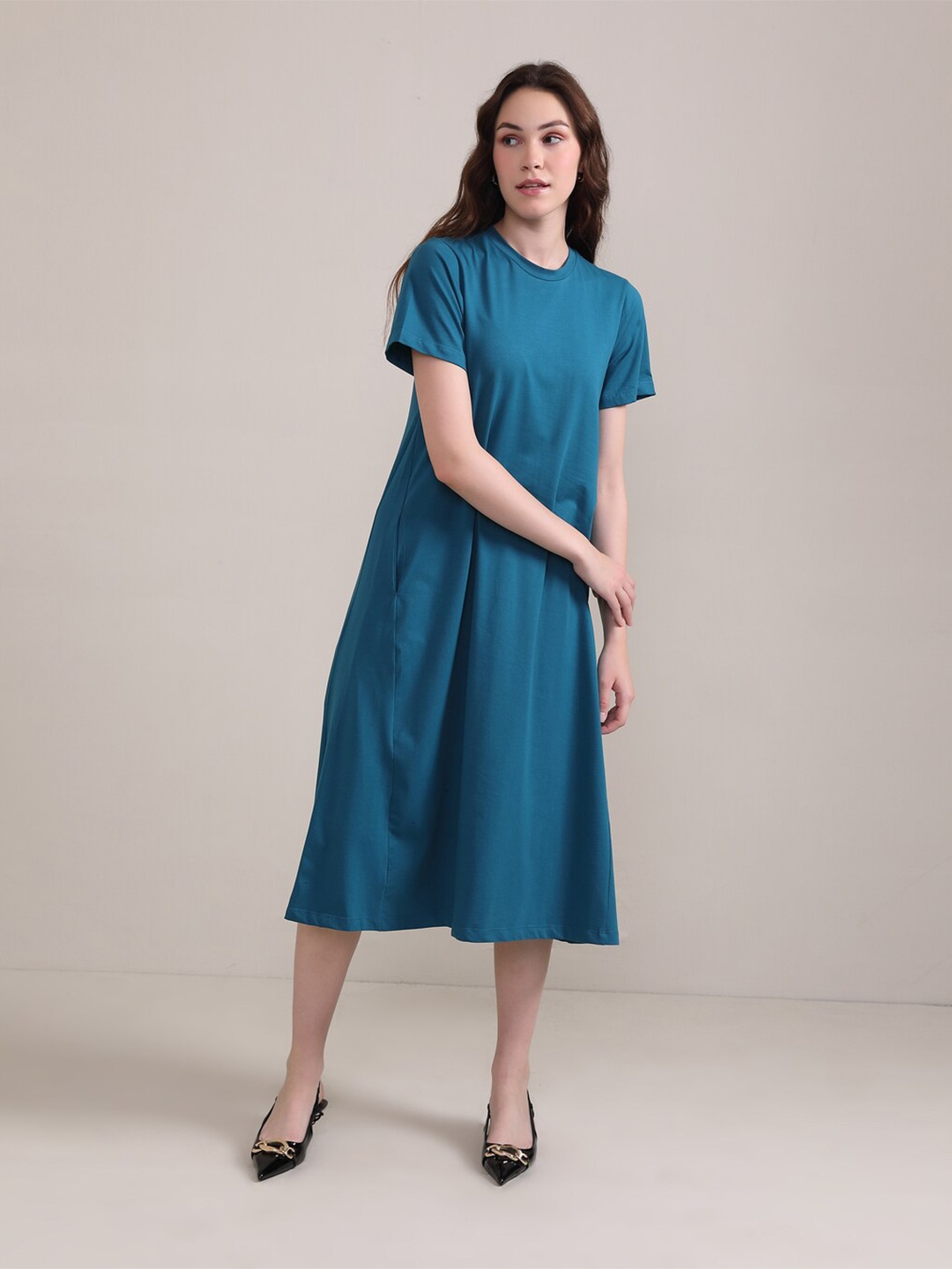 

BOTNIA Round Neck Short Sleeve Cotton A-Line Midi Dress, Teal