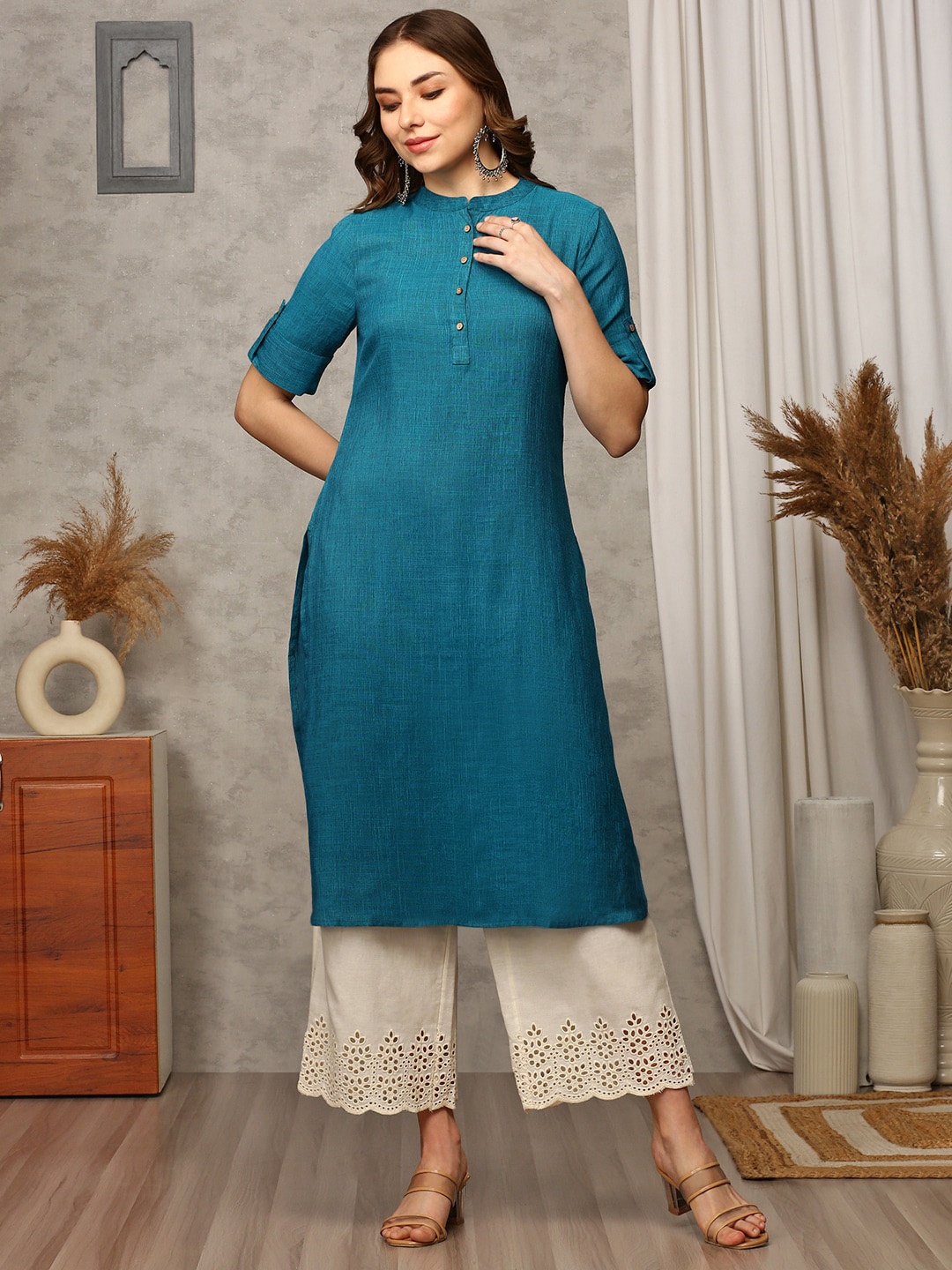 

Anubhutee Ethnic Mandarin Collar Cotton A-Line Kurta, Turquoise blue