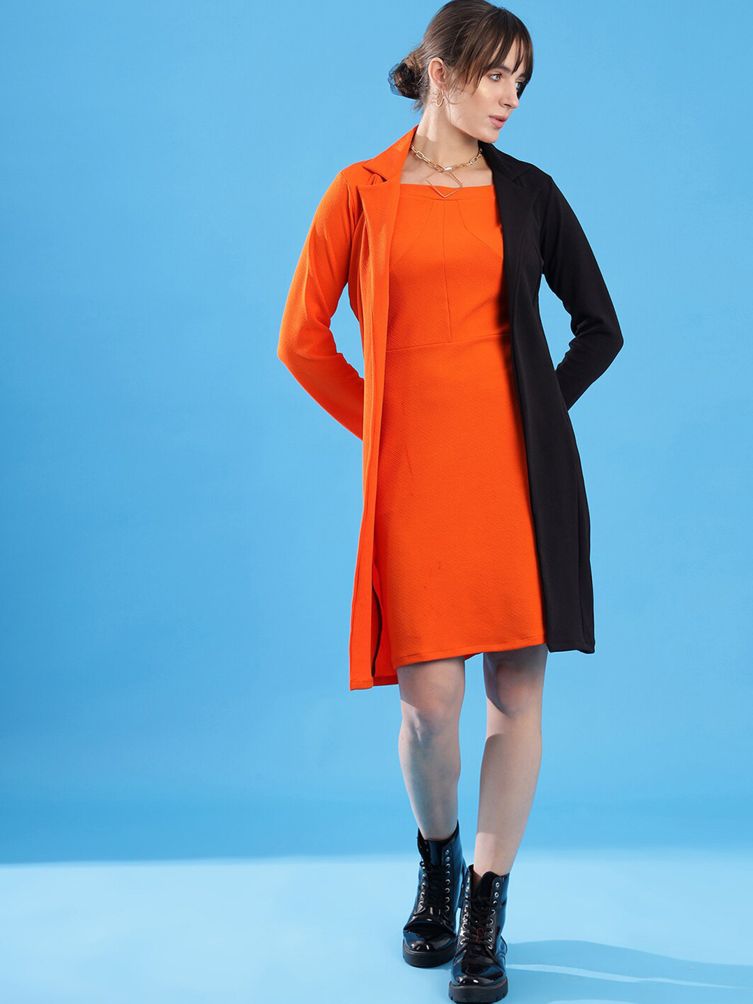 

Selvia Round Neck Colourblocked A-Line Dress, Orange