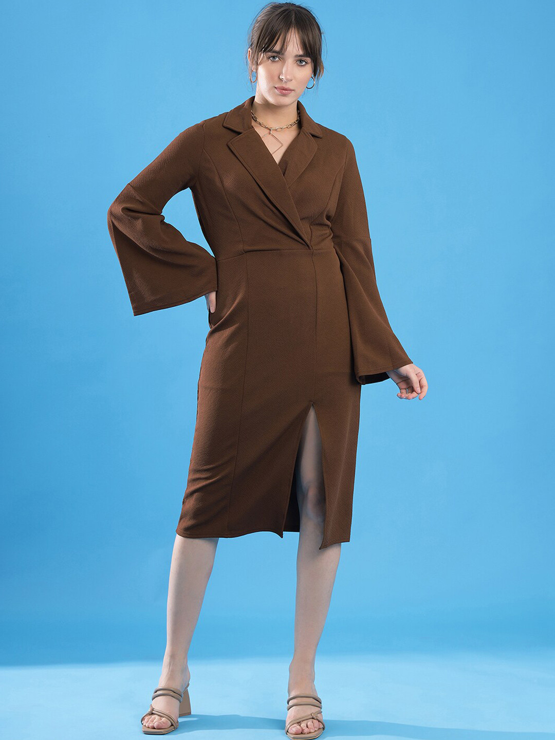 

Selvia Notched Collar Flared Sleeves Sheath Midi Dress, Brown