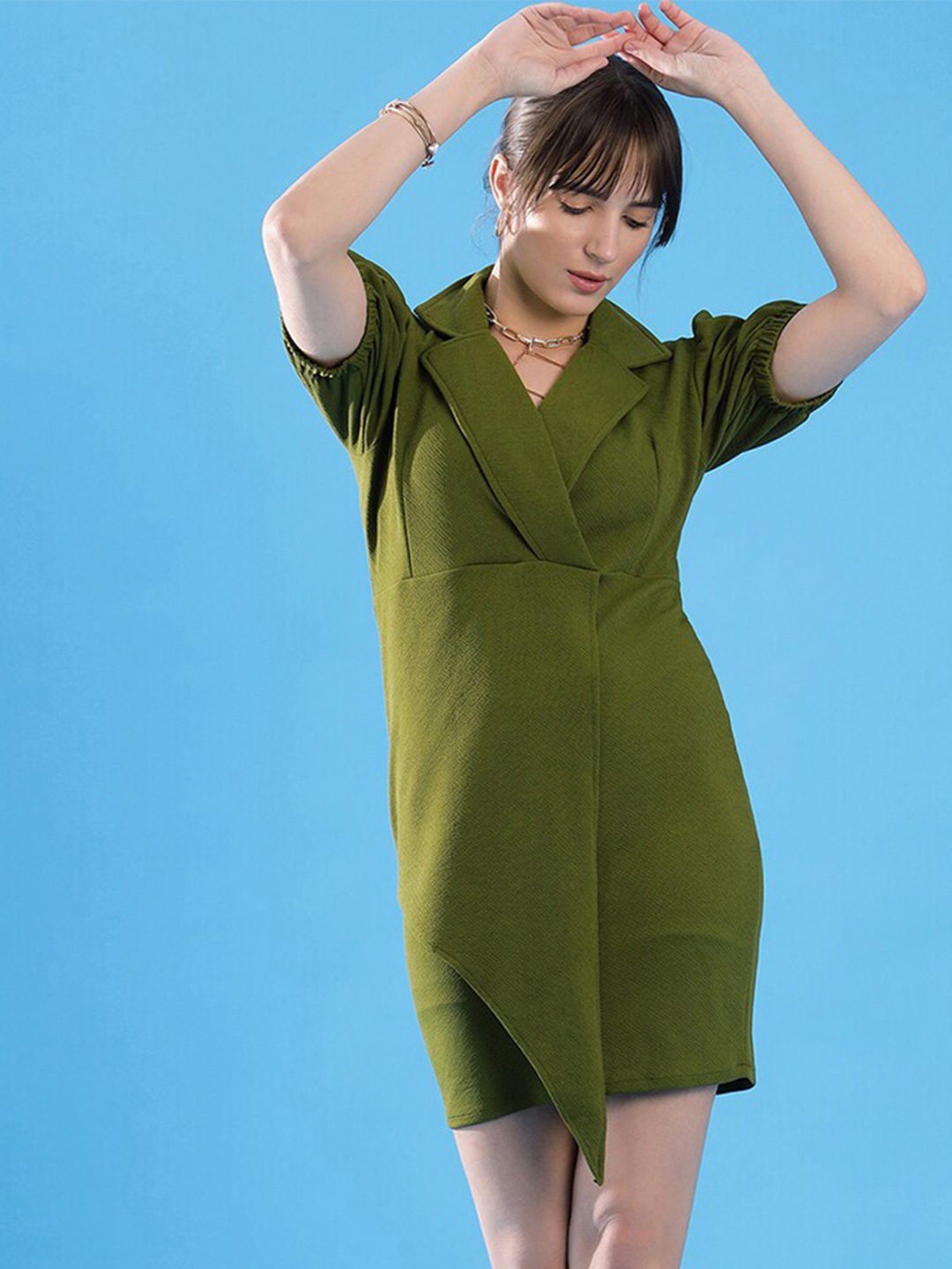 

Selvia Notched Collar Puff Sleeves Wrap Dress, Green