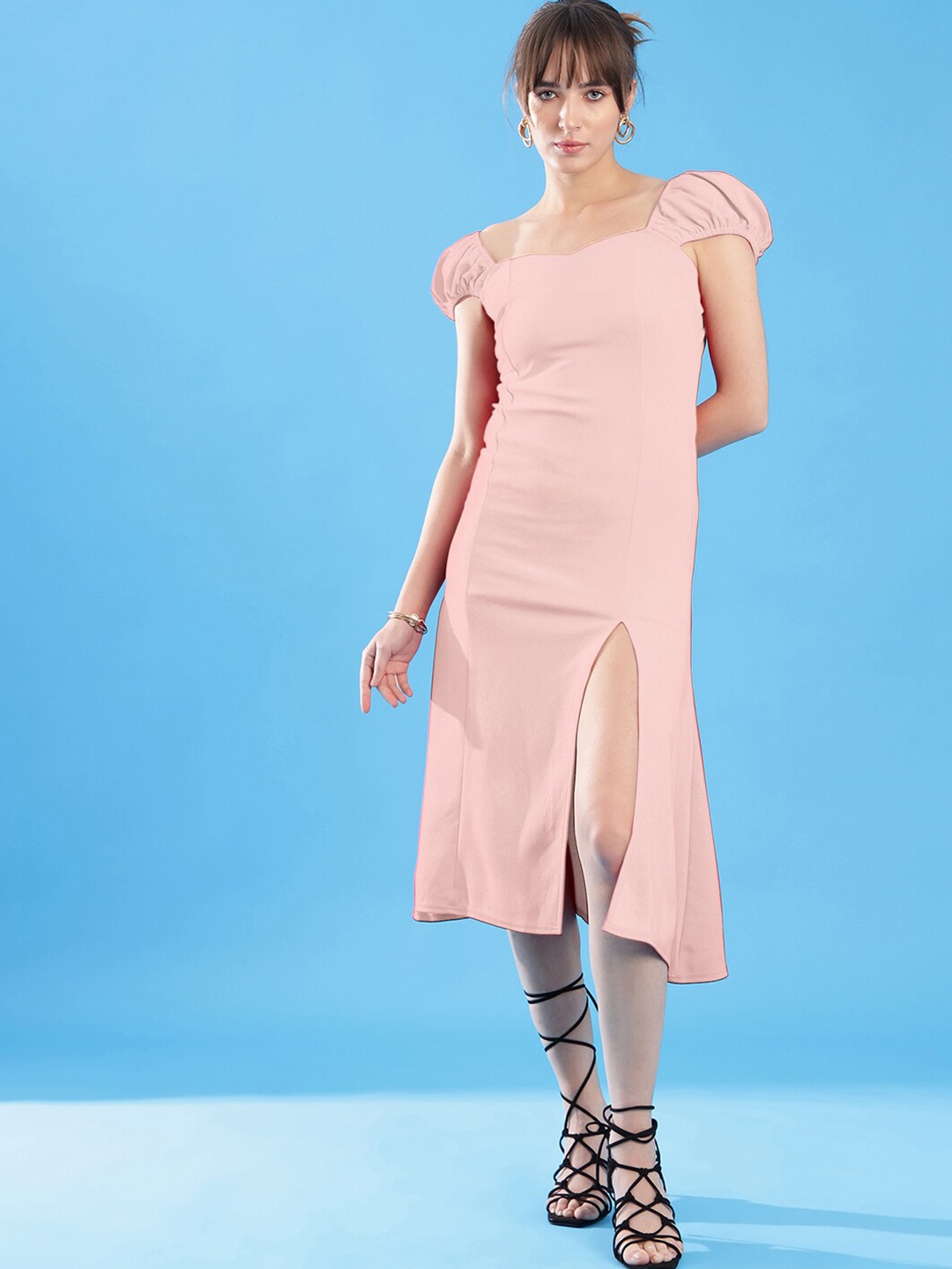 

Selvia Puff Sleeves Sheath Midi Dress, Peach