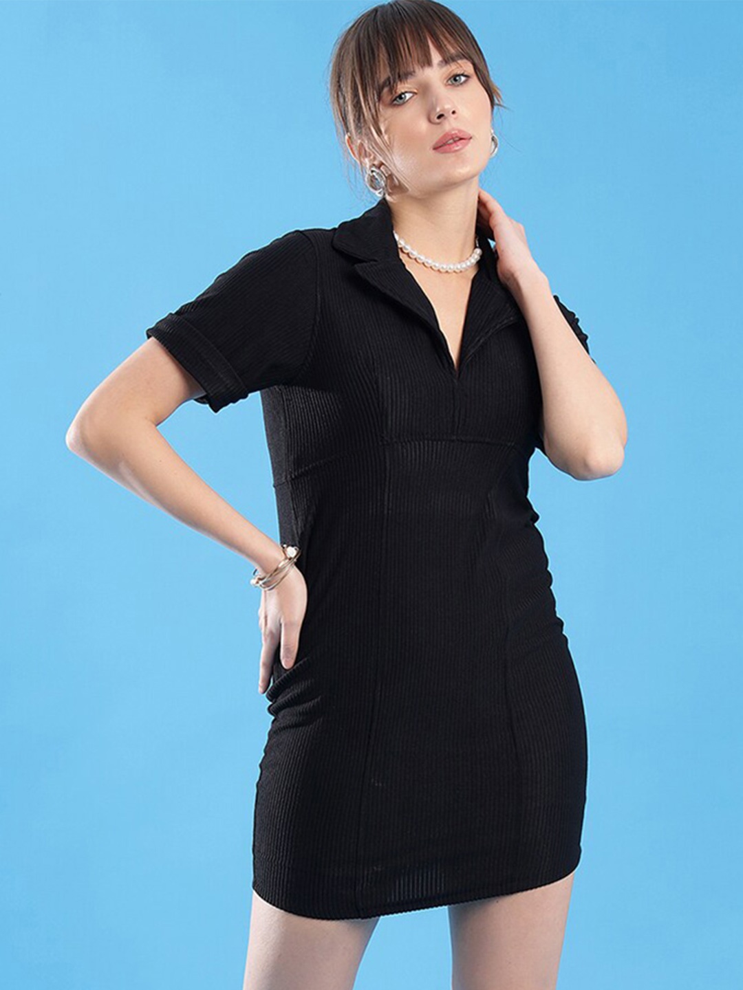 

Selvia Shirt Collar Sheath Mini Dress, Black