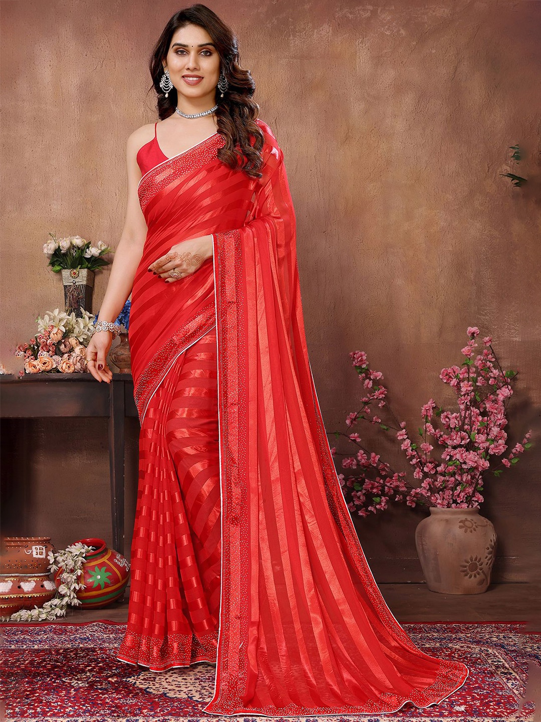 

ANAND SAREES Striped Beads and Stones Satin Saree, Red