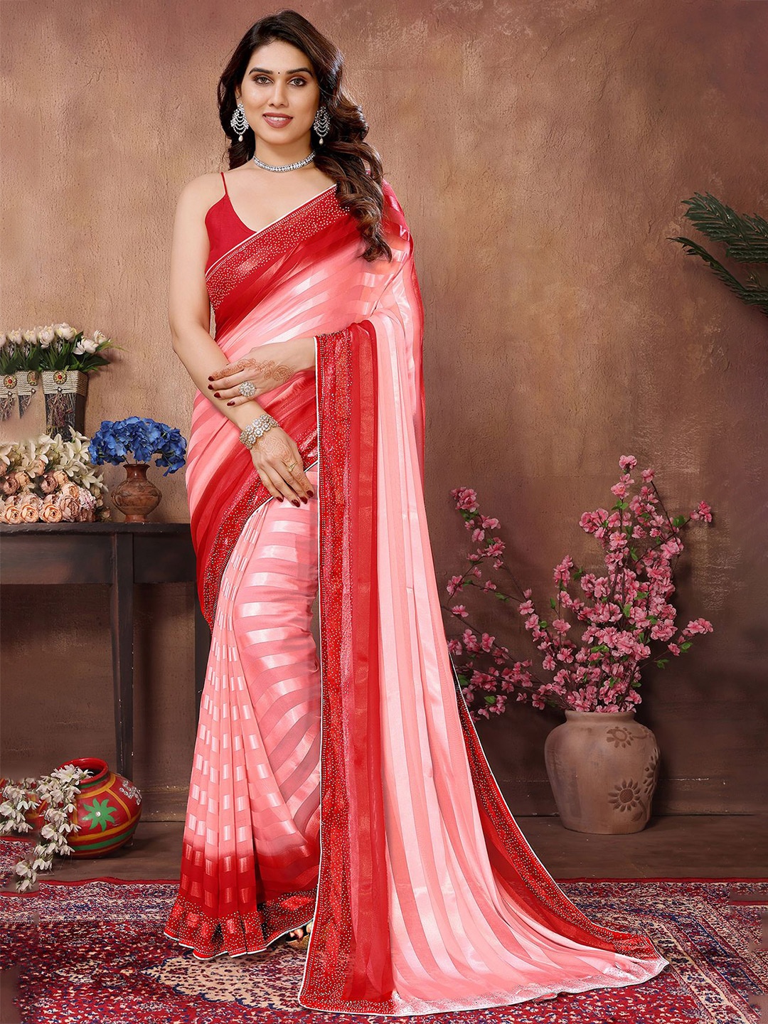 

ANAND SAREES Striped Embellished Lace Border Saree, Red