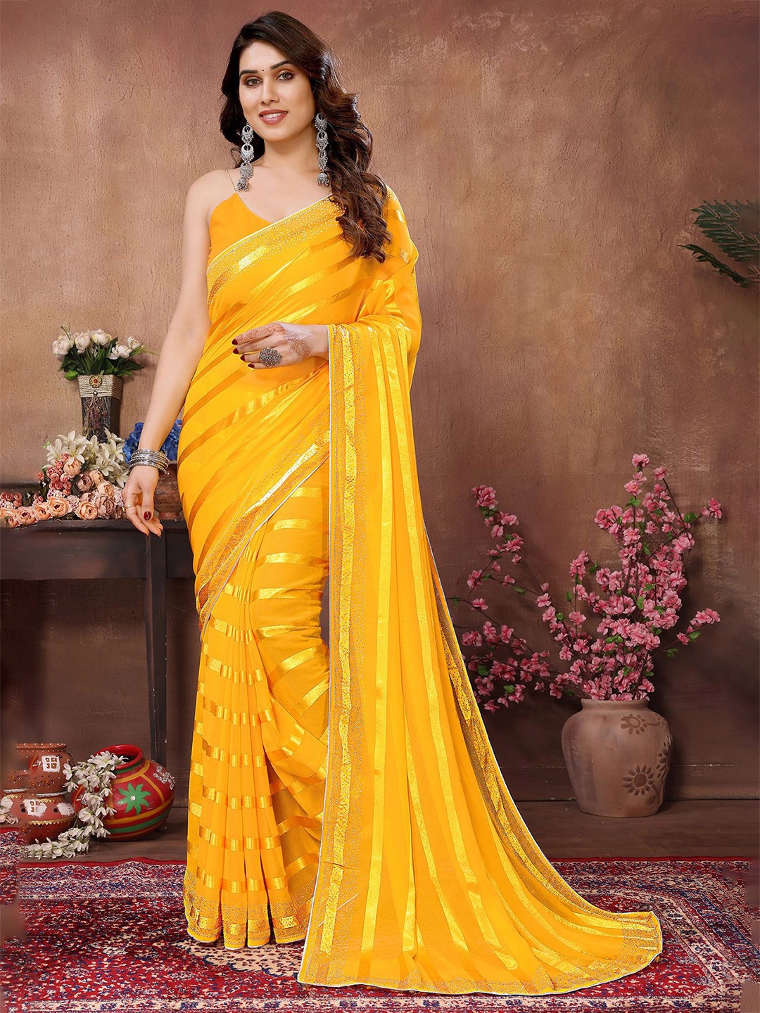 

ANAND SAREES Striped Satin Saree, Yellow