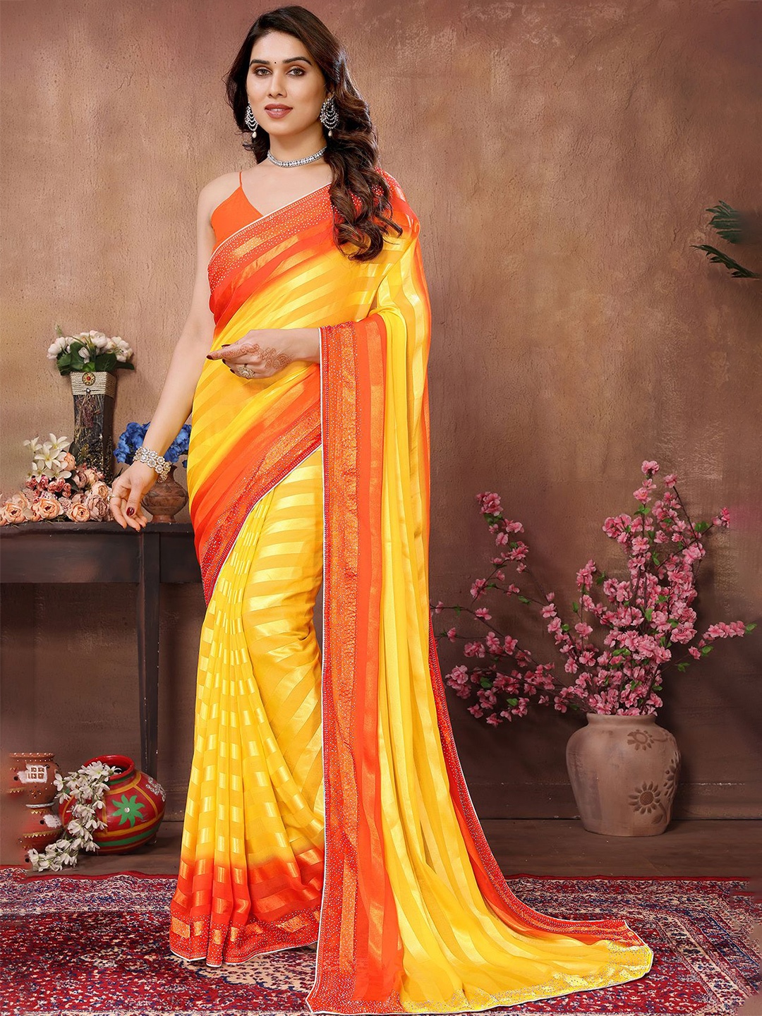 

ANAND SAREES Striped Beads & Stones Satin Saree, Yellow