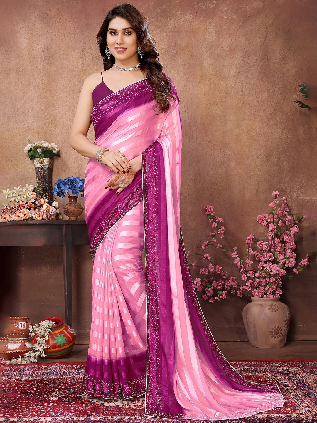

ANAND SAREES Striped Embellished Saree, Purple