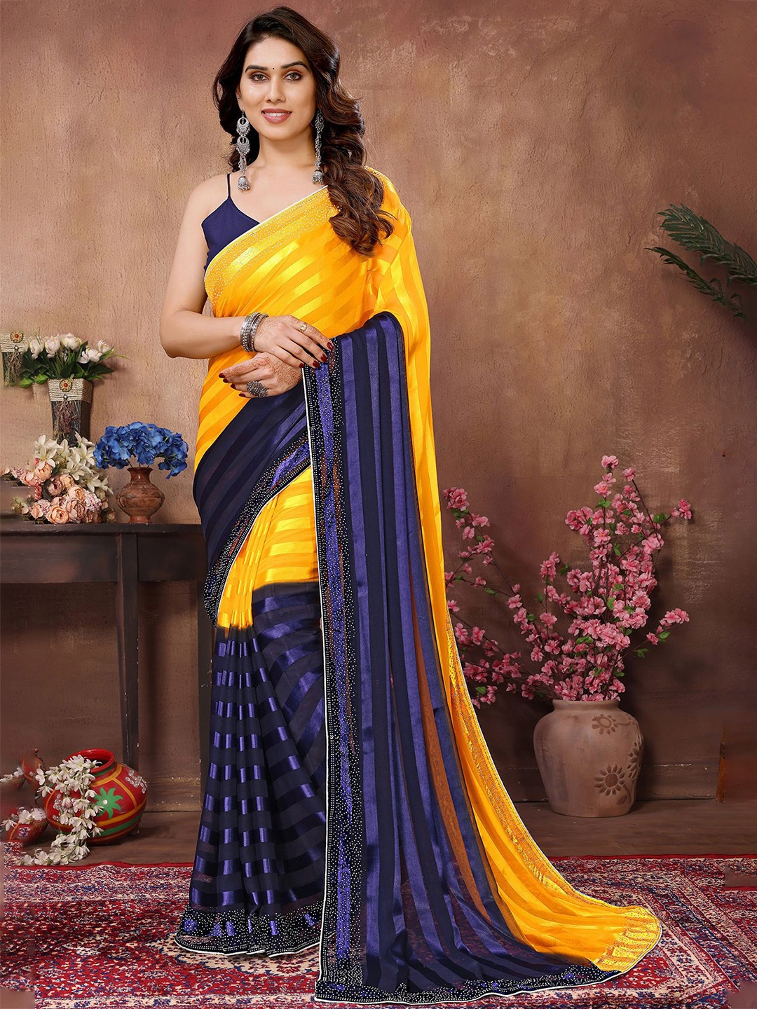 

ANAND SAREES Striped Beads and Stones Satin Saree, Yellow