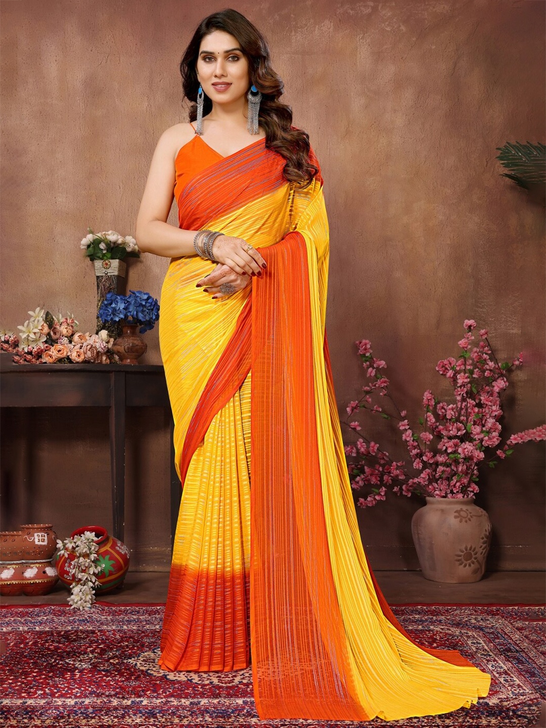 

ANAND SAREES Striped Satin Saree, Orange