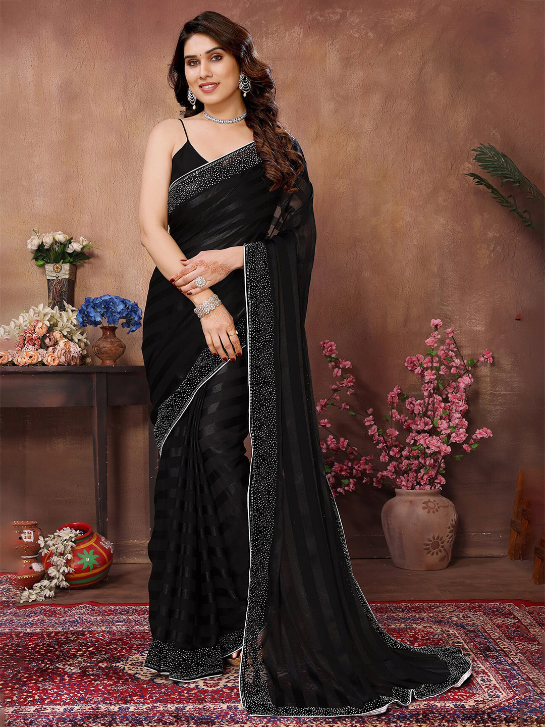 

ANAND SAREES Striped Beads and Stones Satin Saree, Black