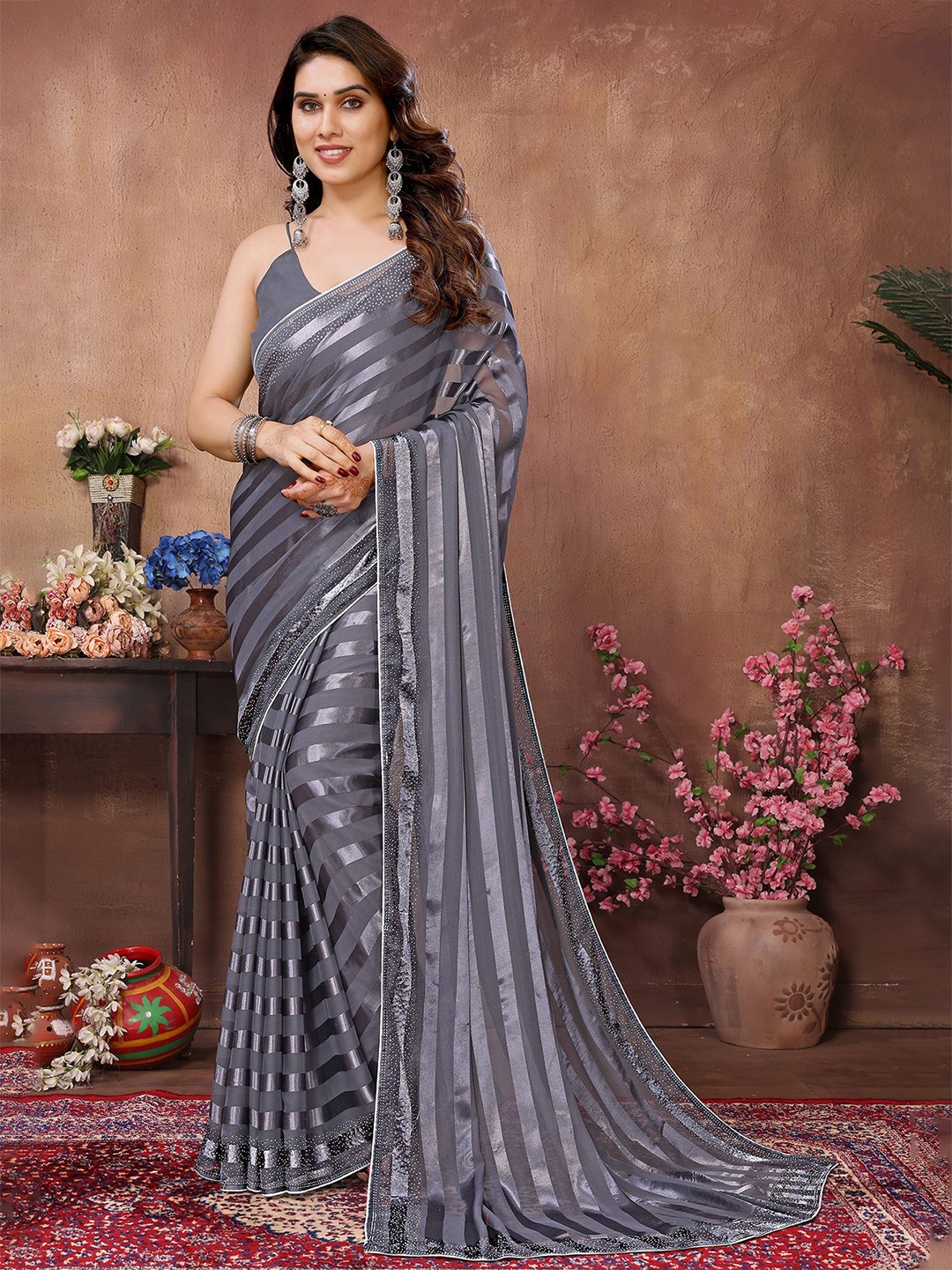 

ANAND SAREES Striped Embellished Lace Border Saree, Grey