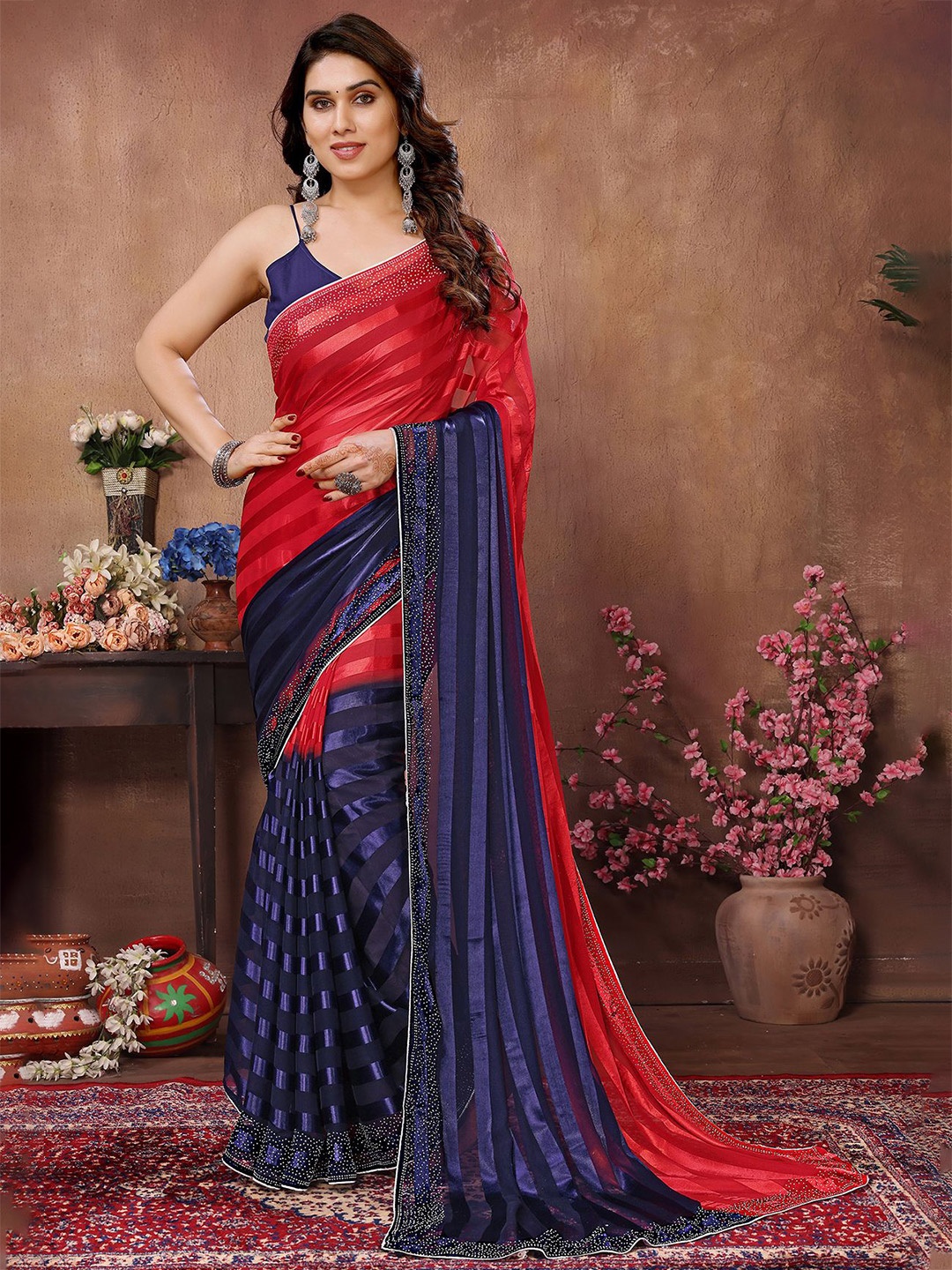 

ANAND SAREES Striped Beads and Stones Satin Saree, Red