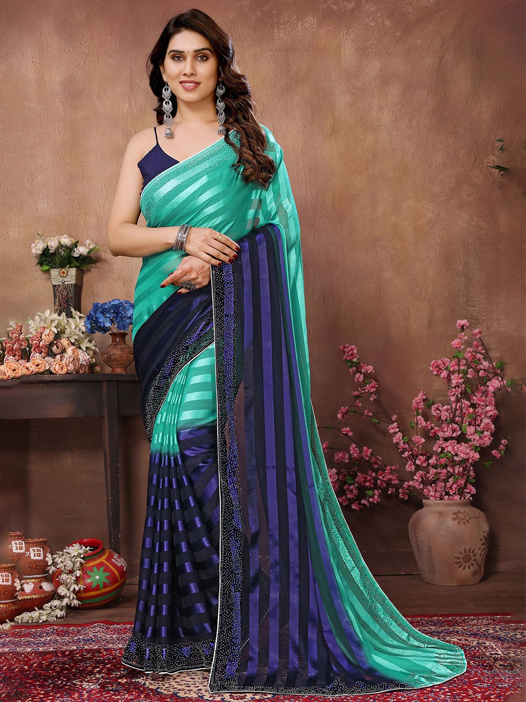 

ANAND SAREES Striped Embellished Lace Border Saree, Blue