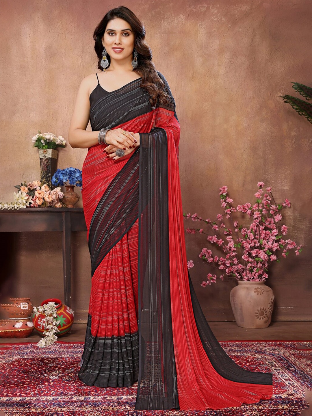 

ANAND SAREES Striped Beads and Stones Satin Saree, Red