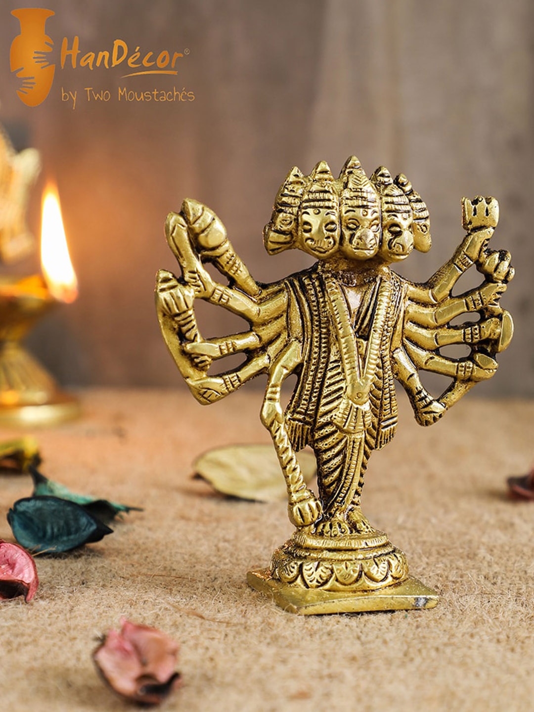 

Two Moustaches Gold Toned Textured Standing Panchmukhi Hanuman Showpiece
