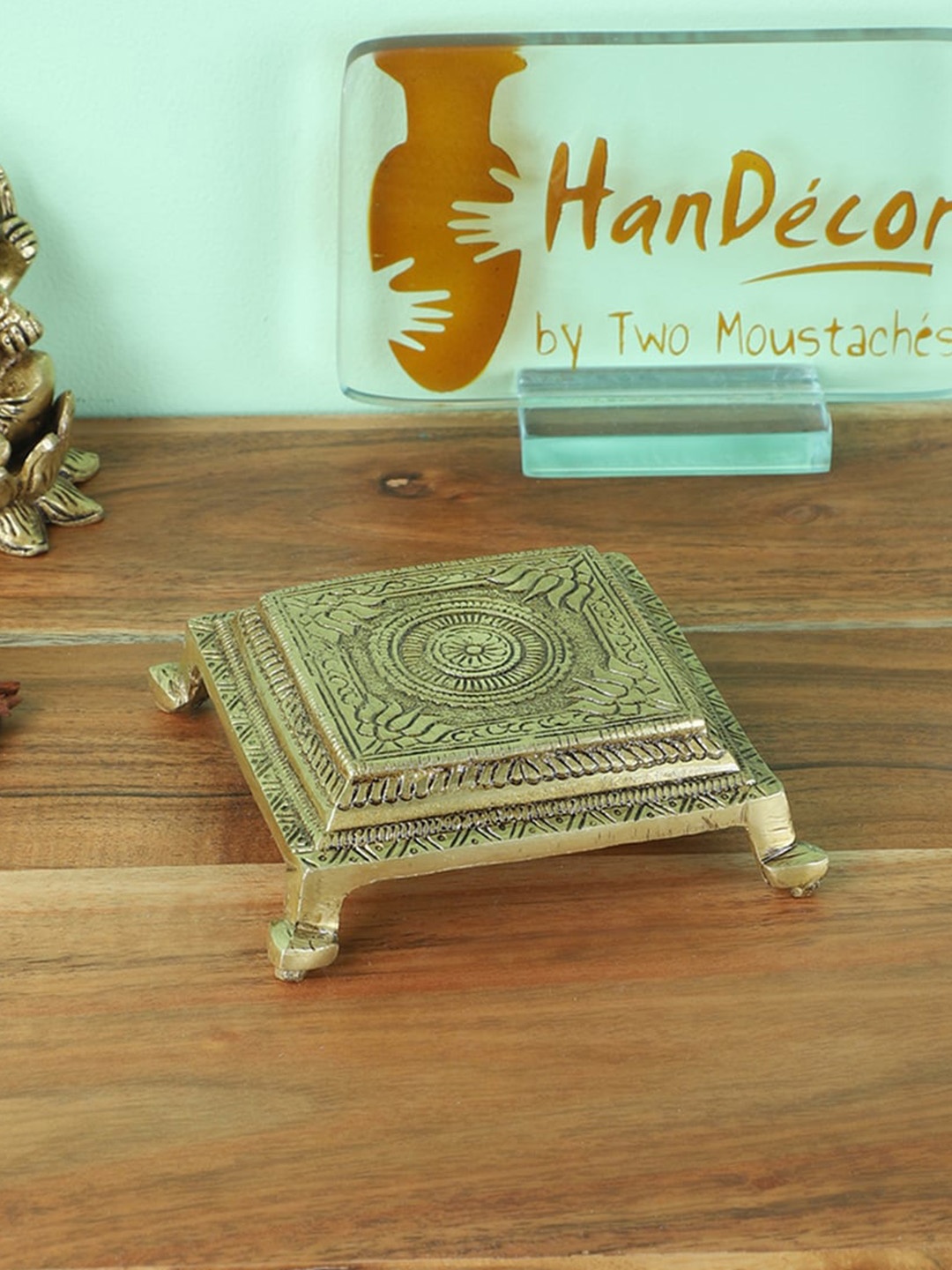 

Two Moustaches Yellow Textured Lotus Engraved Pooja Chowkie, Gold