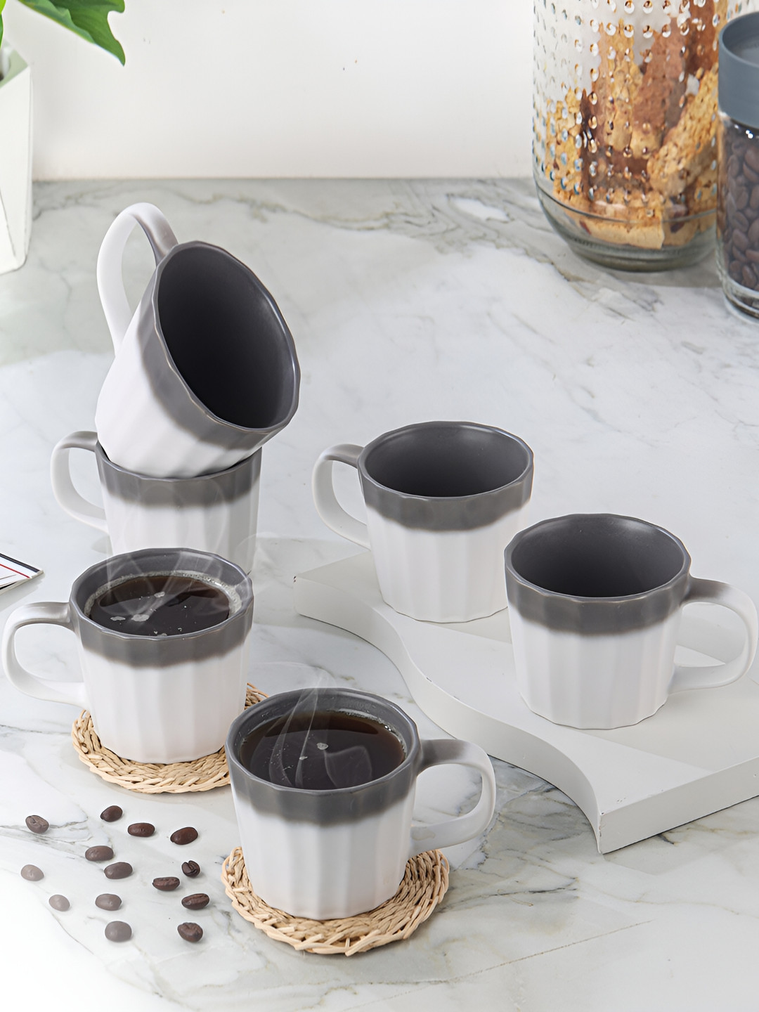 

Cello Grey & White 6 Pcs Textured Ceramic Glossy Mugs 200 ml