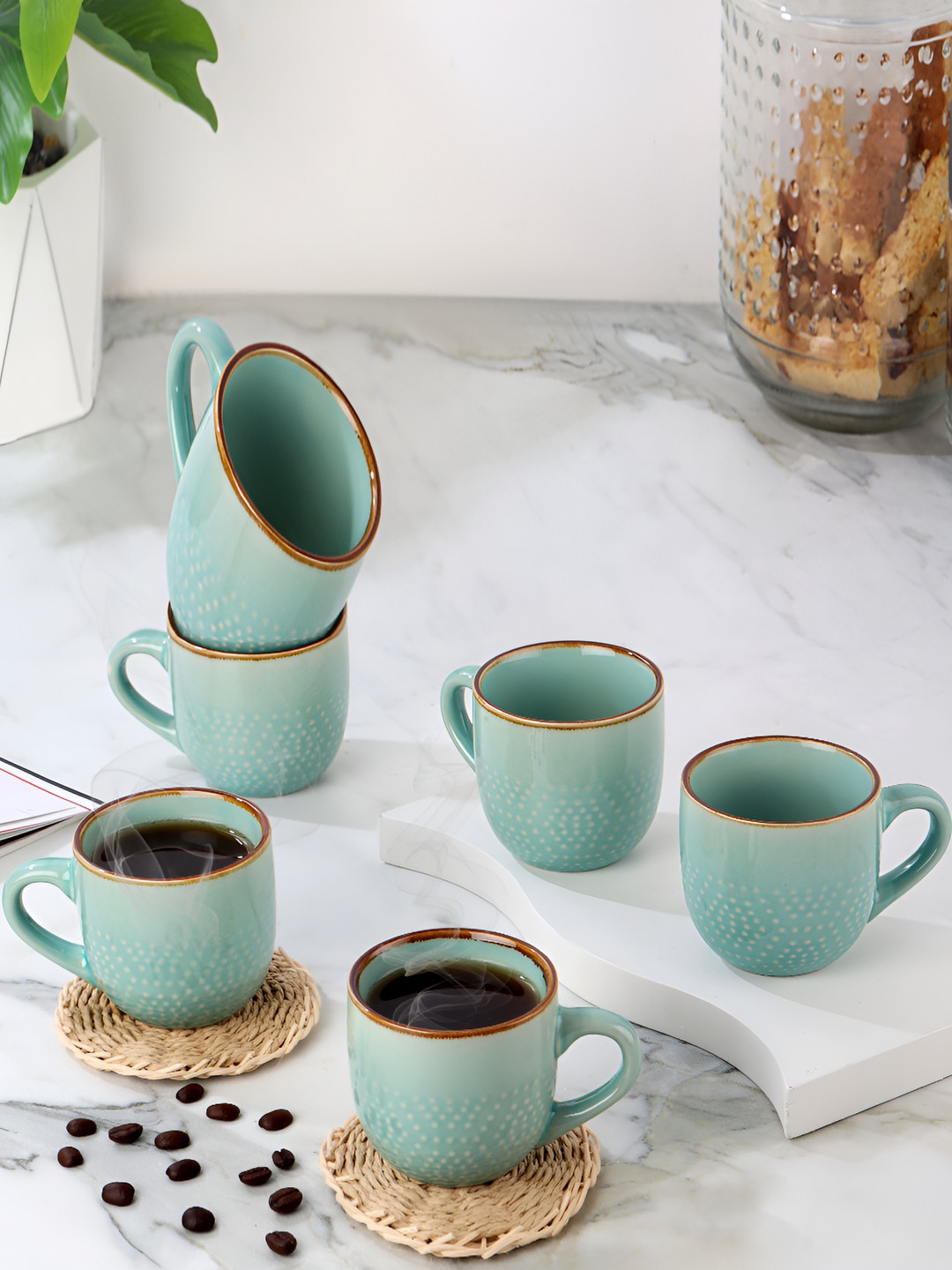 

Cello Turquoise Blue & Brown 6 Pcs Printed Ceramic Glossy Mugs 180 ml
