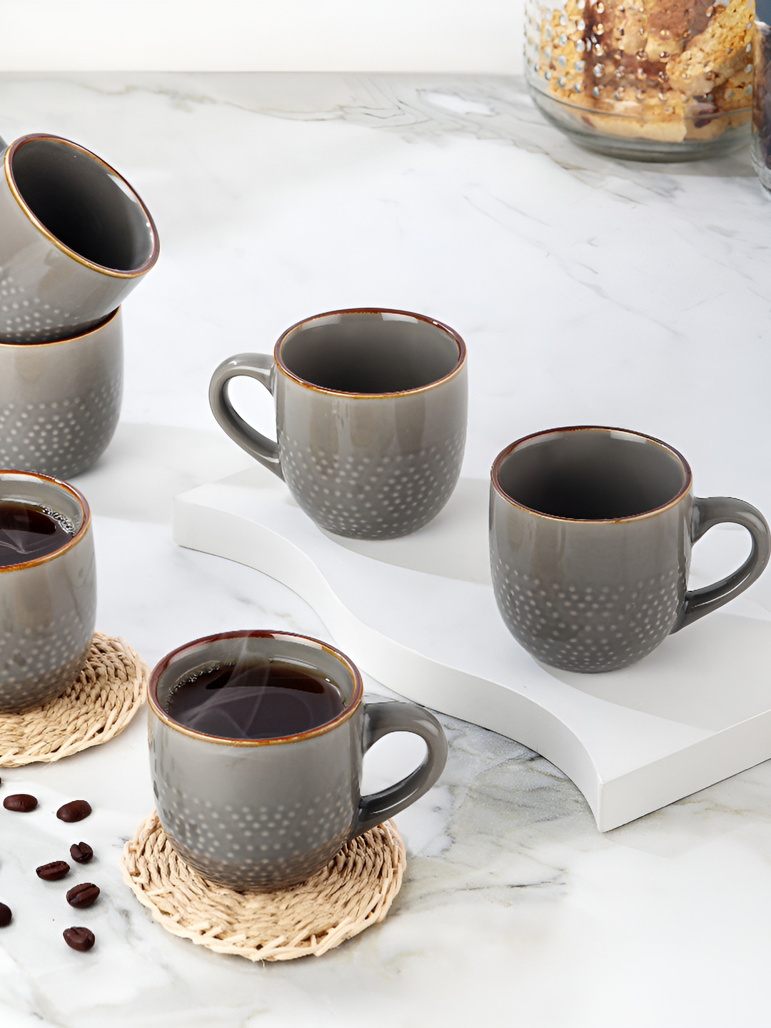 

Cello Grey & White 6 Pcs Printed Ceramic Glossy Mugs 180 ml