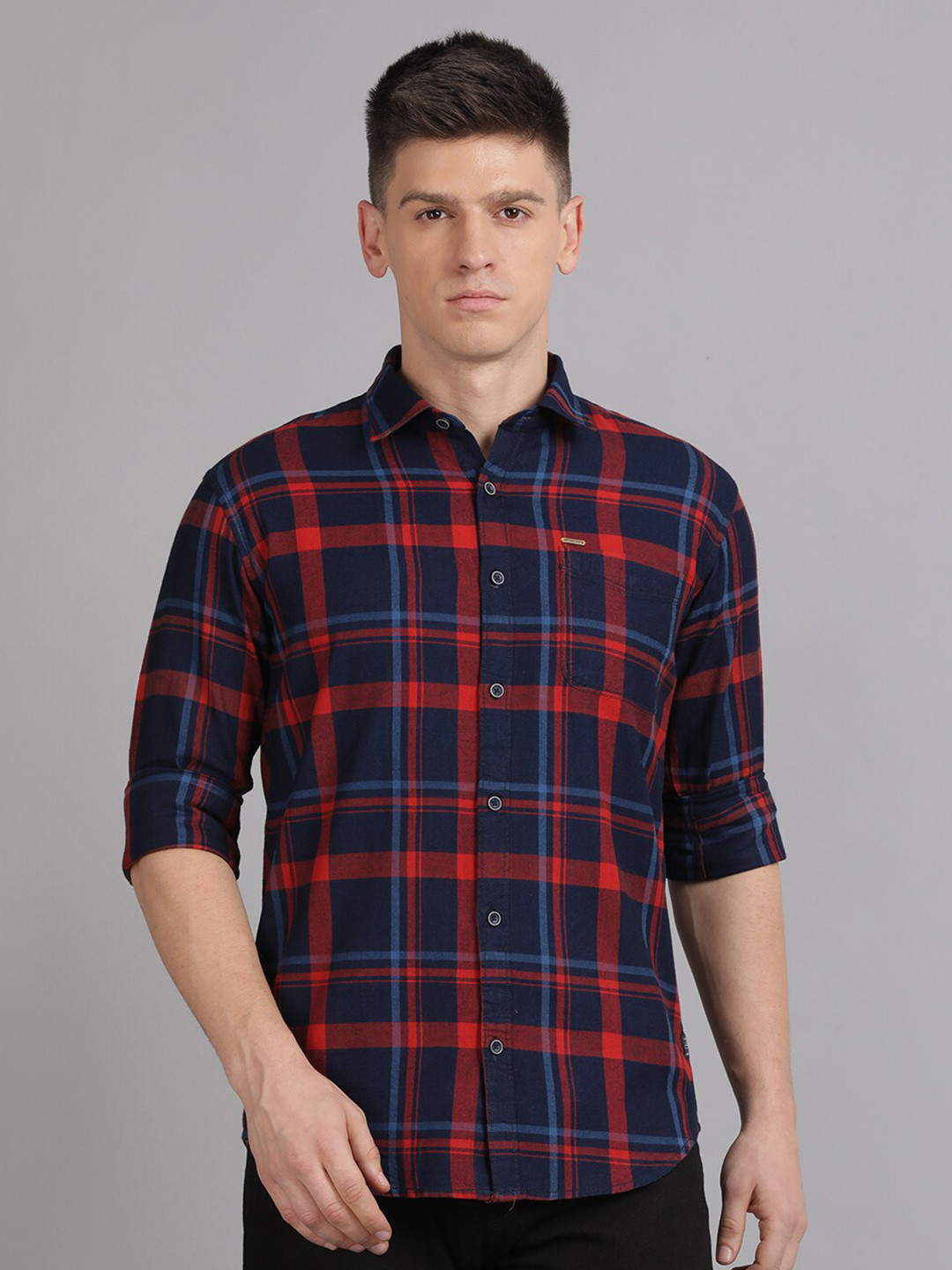 

Volume Zero Standard Tartan Checked Cotton Casual Shirt, Red