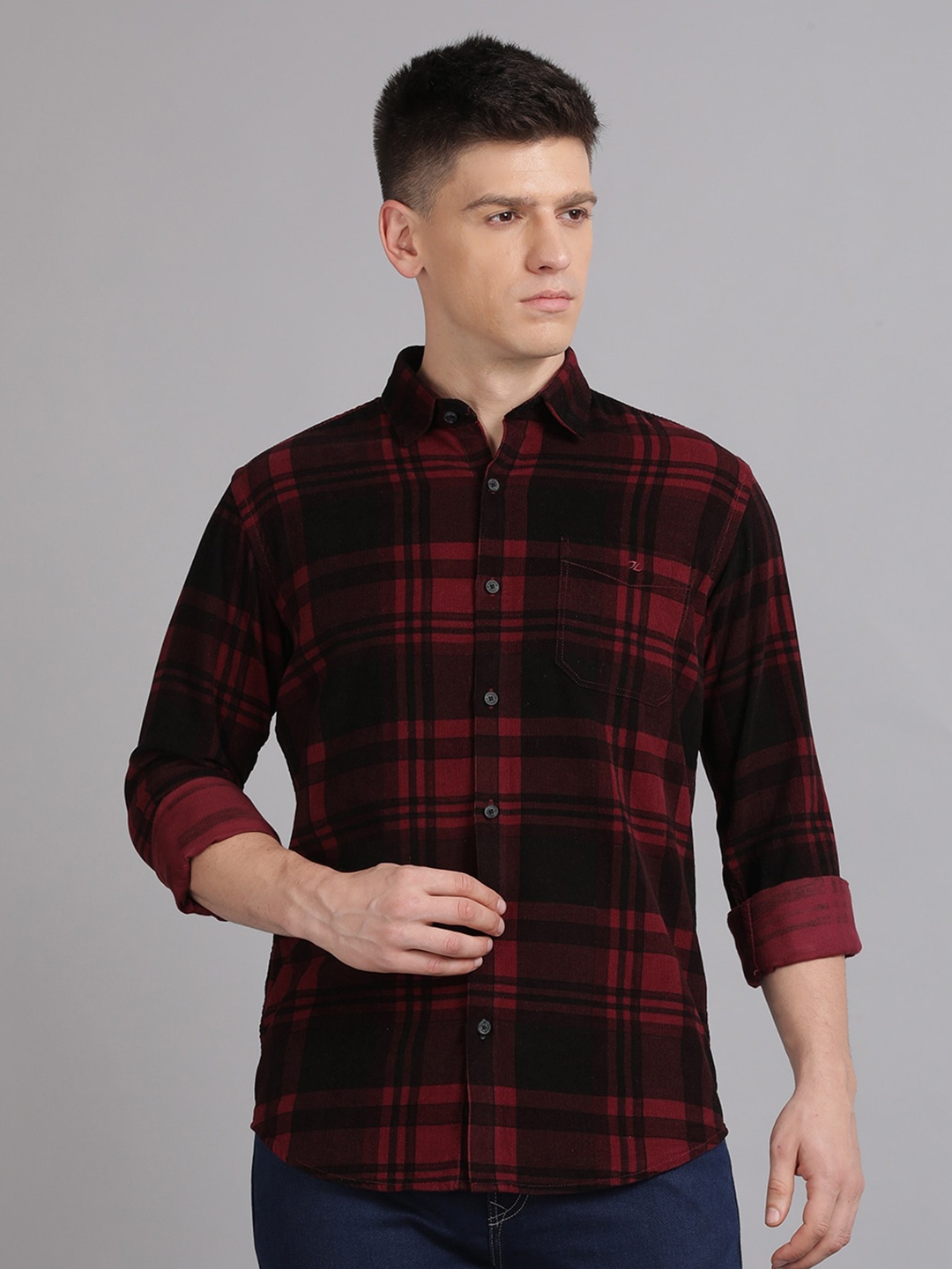 

Volume Zero Standard Tartan Checked Cotton Casual Shirt, Red