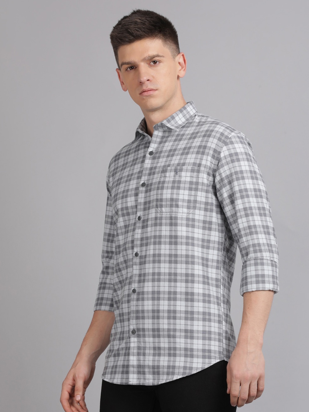 

Volume Zero Standard Tartan Checked Cotton Casual Shirt, Grey