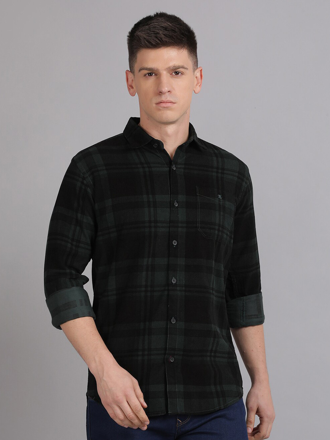 

Volume Zero Standard Tartan Checked Cotton Casual Shirt, Green