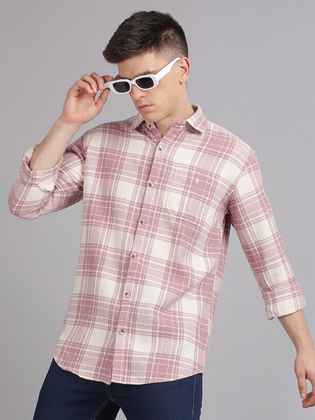 

Volume Zero Standard Tartan Checked Cotton Casual Shirt, Pink