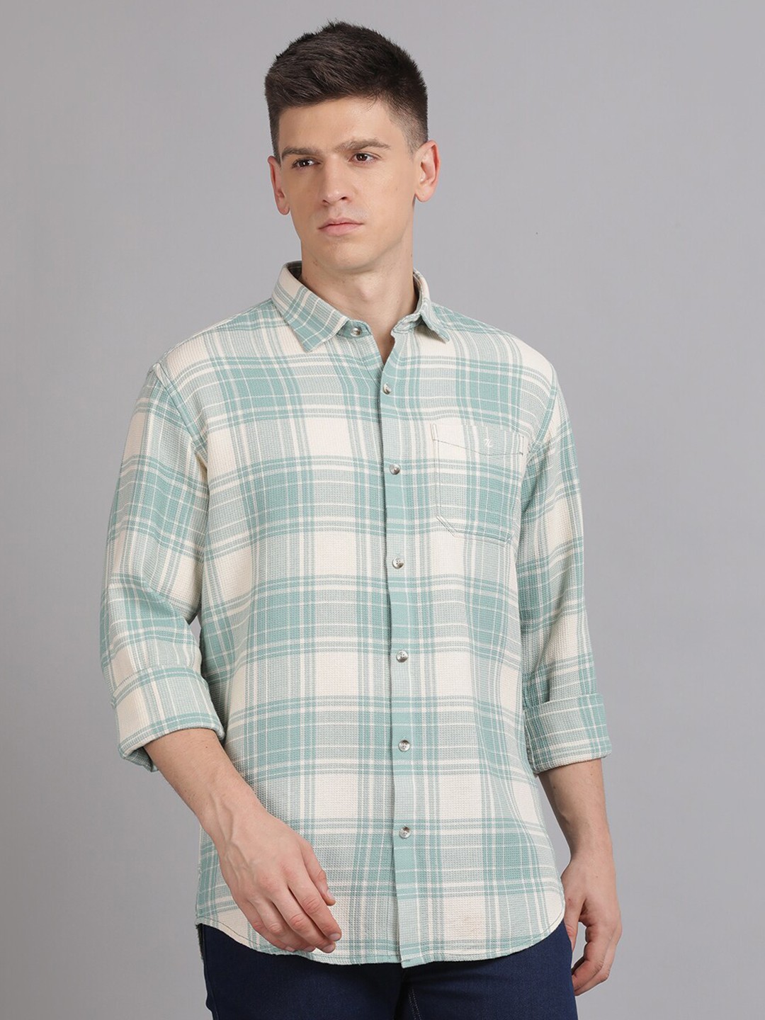 

Volume Zero Standard Tartan Checked Cotton Casual Shirt, Green