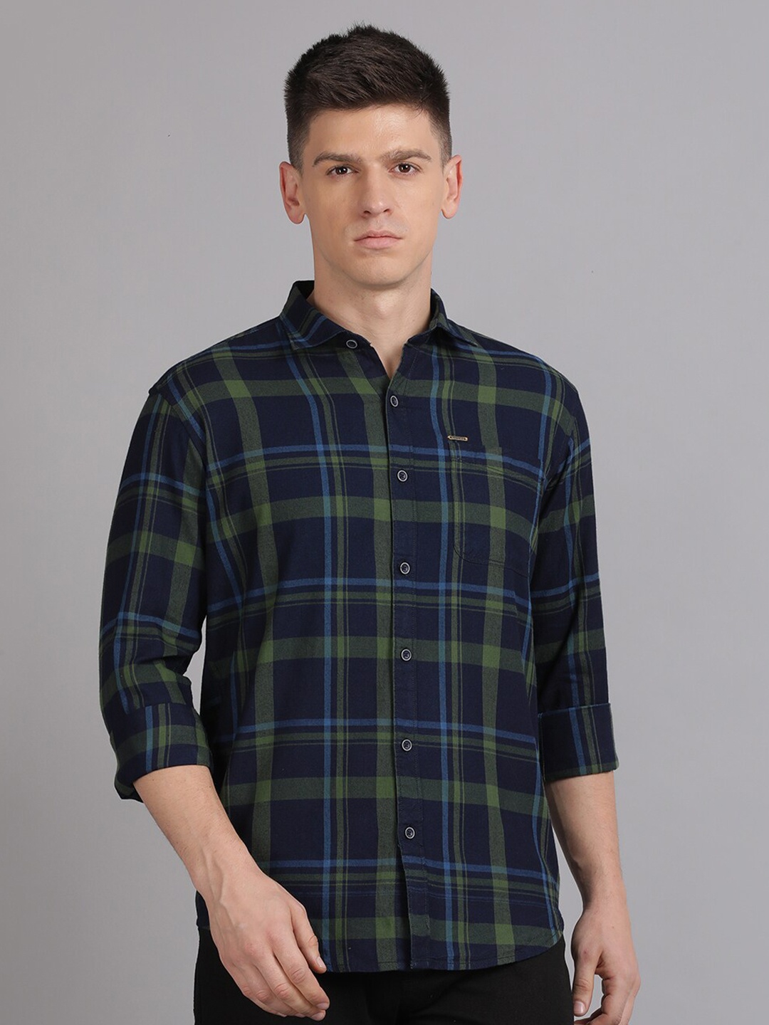 

Volume Zero Standard Tartan Checked Cotton Casual Shirt, Green
