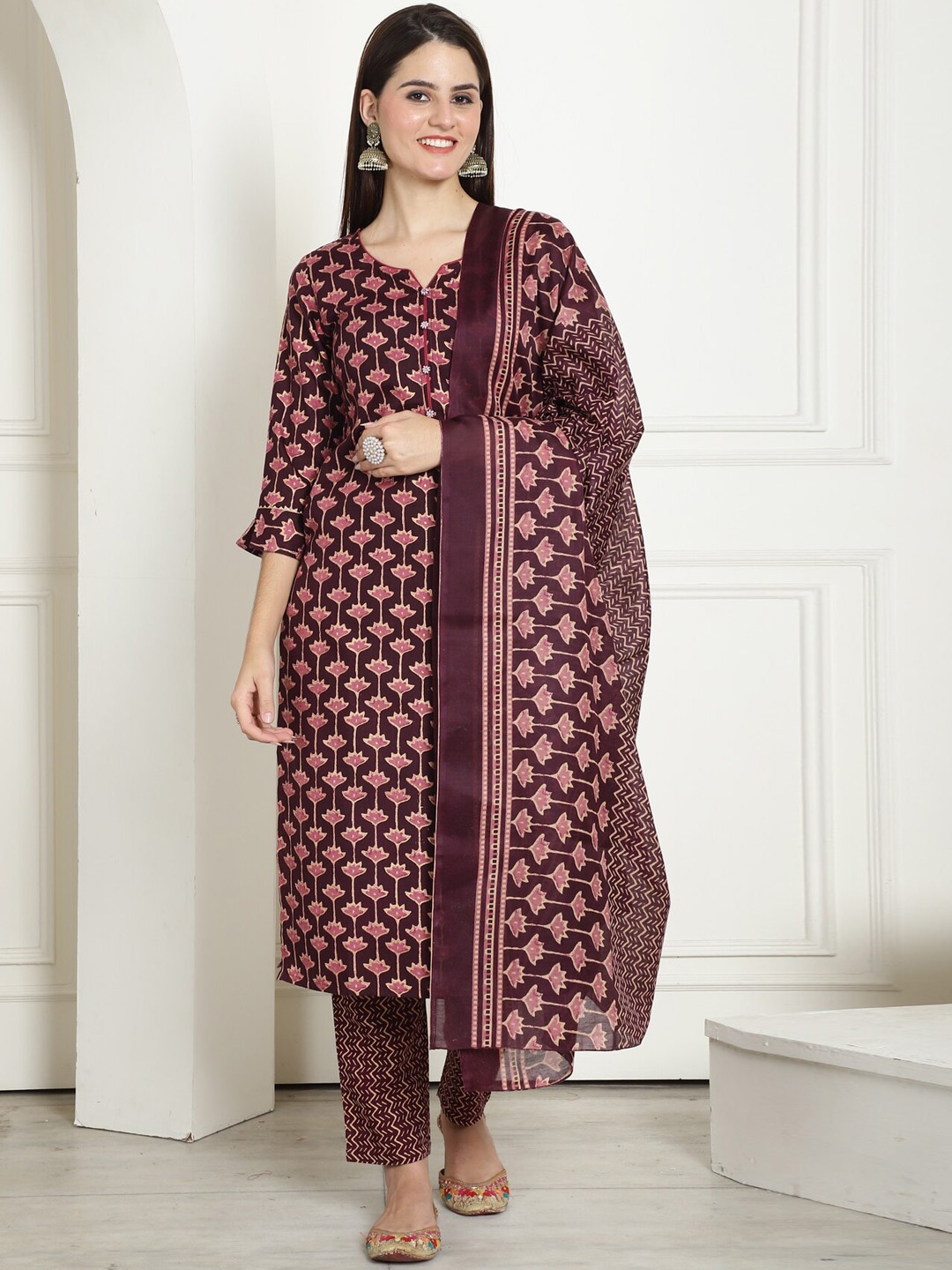 

Rajnandini Floral Printed Round Neck Kurta with Trousers & Dupatta, Maroon