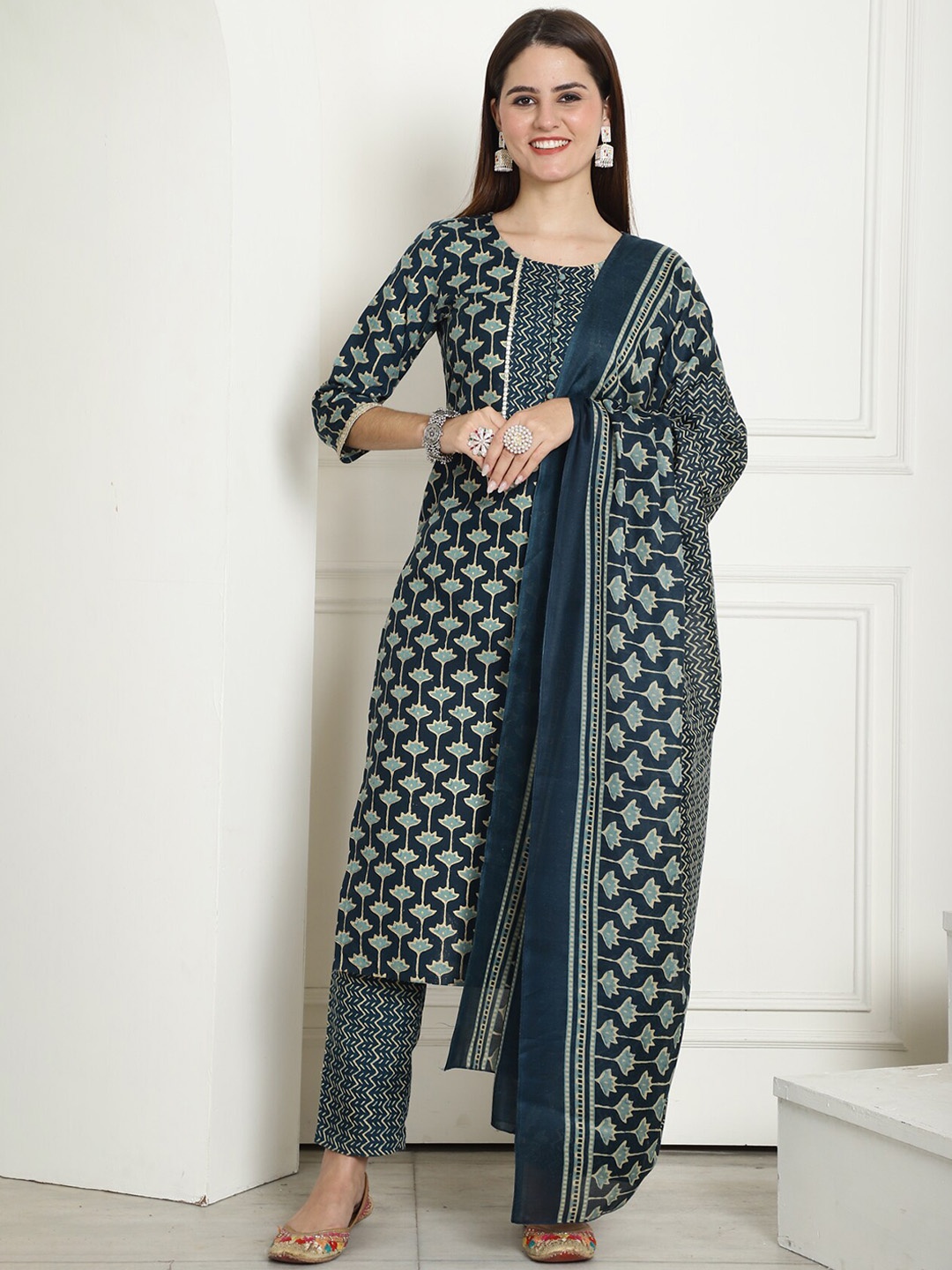 

Rajnandini Ethnic Motifs Printed Kurta & Trousers With Dupatta, Teal