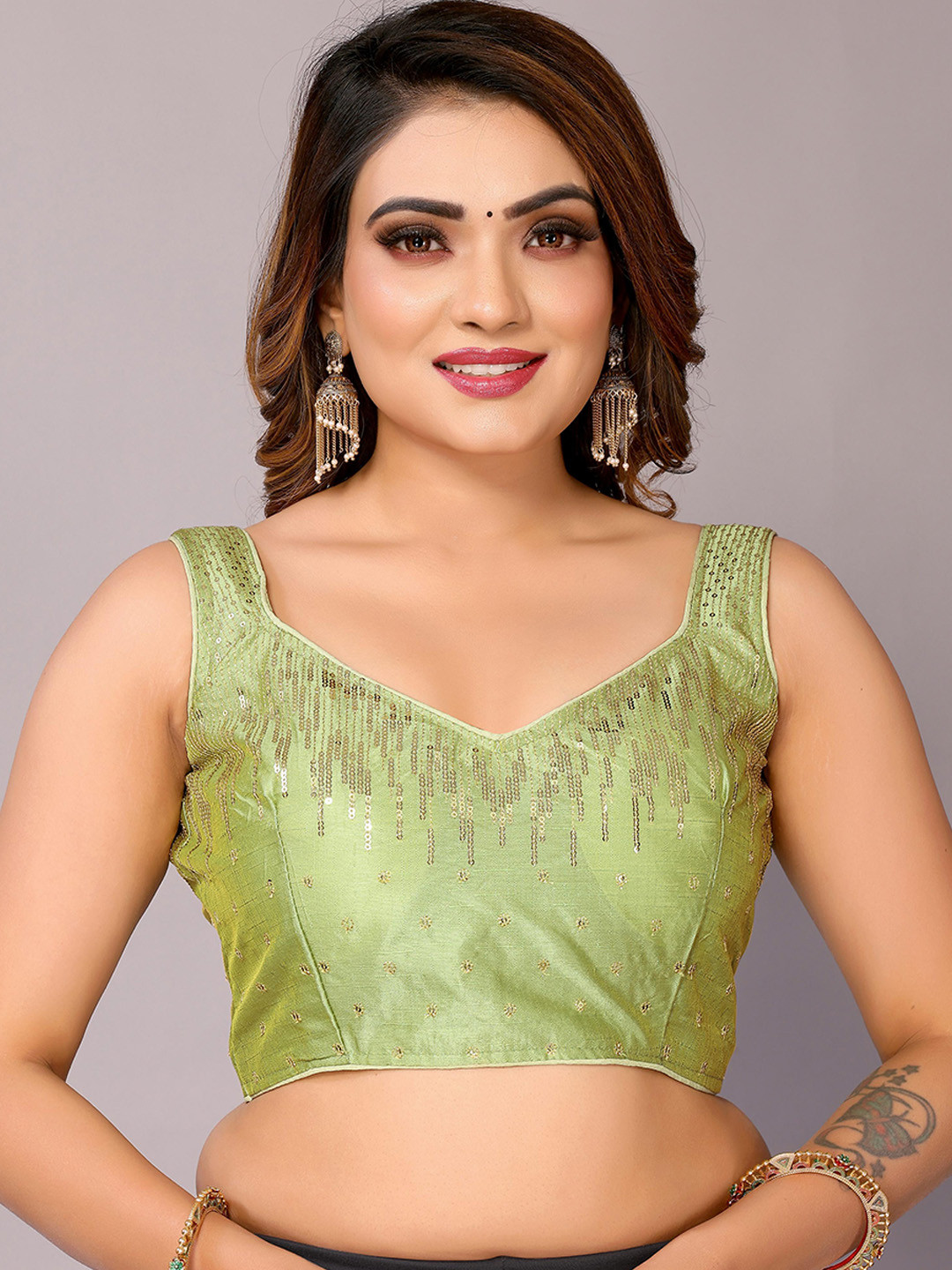 

FABIAN FASHION Sequin Embroidered Silk Saree Blouse, Green