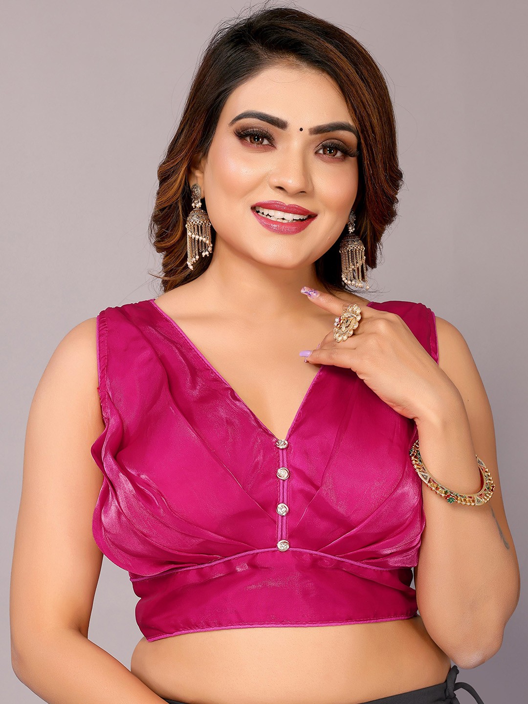 

FABIAN FASHION V-Neck Sleeveless Silk Saree Blouse, Pink