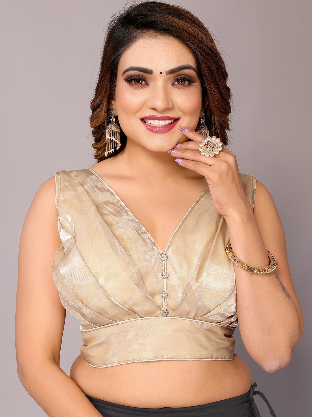 

FABIAN FASHION V-Neck Silk Saree Blouse, Cream