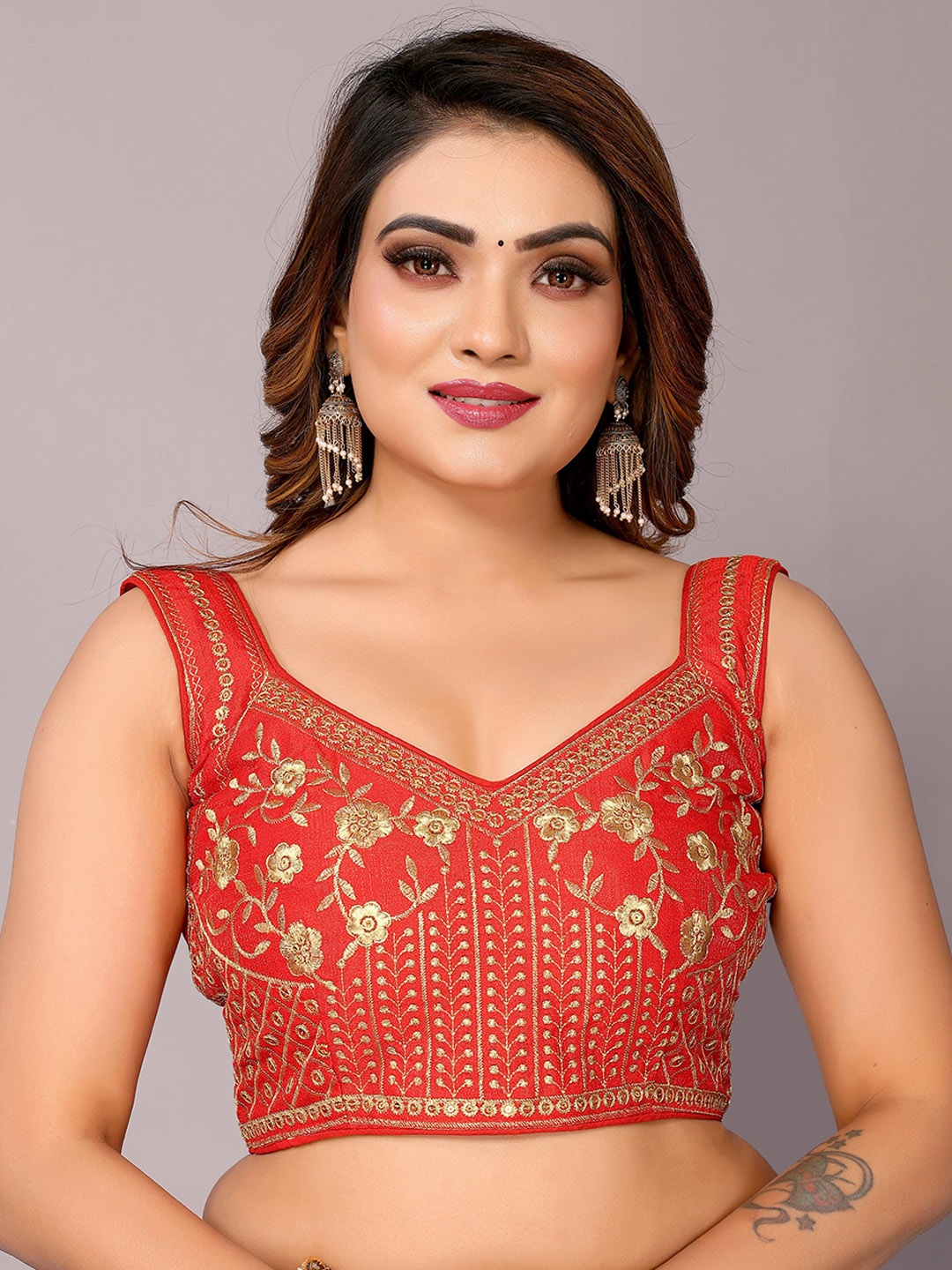 

FABIAN FASHION Embroidered Silk Saree Blouse, Red