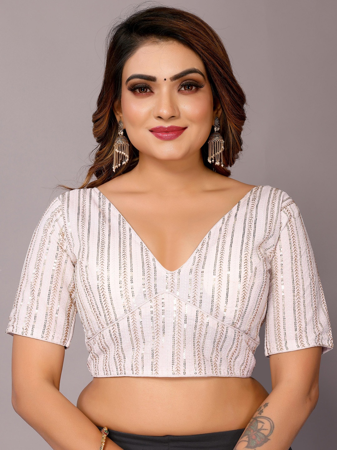 

FABIAN FASHION Embellished Sequinned Saree Blouse, White
