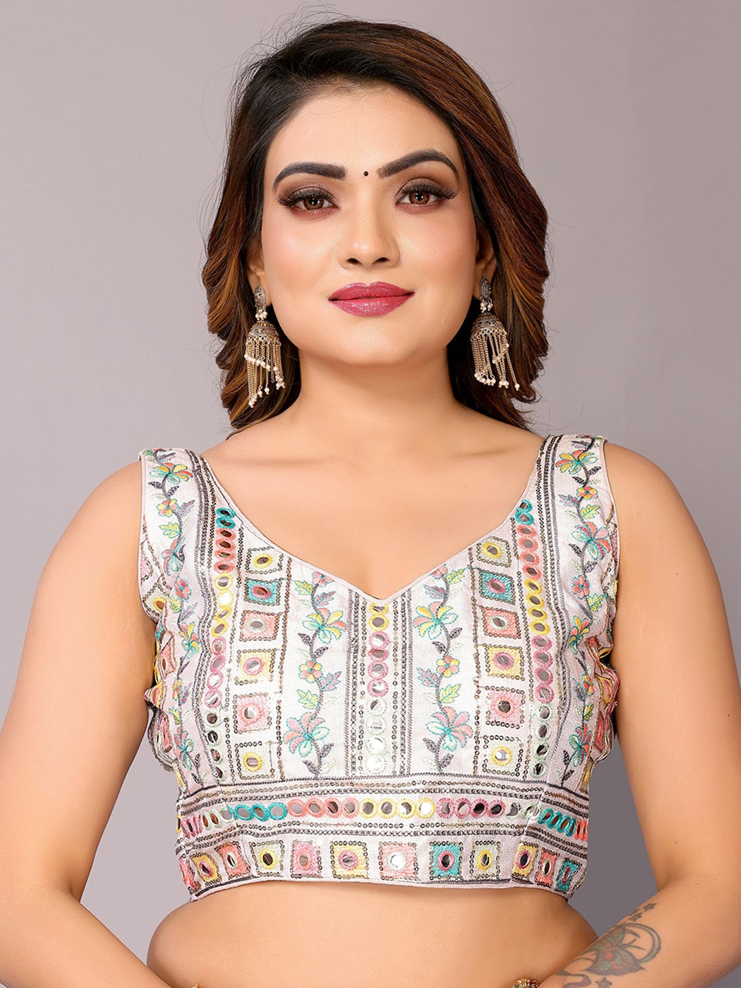 

FABIAN FASHION Embroidered Mirror Work Silk Saree Blouse, White