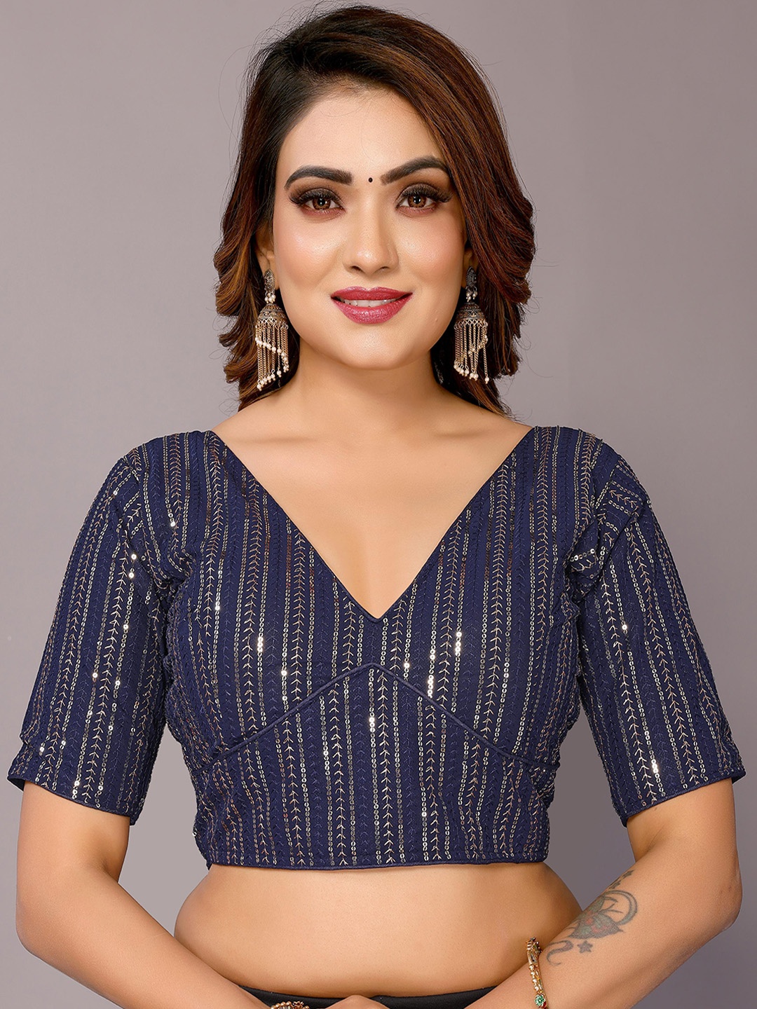 

FABIAN FASHION Embellished Sequinned Saree Blouse, Navy blue