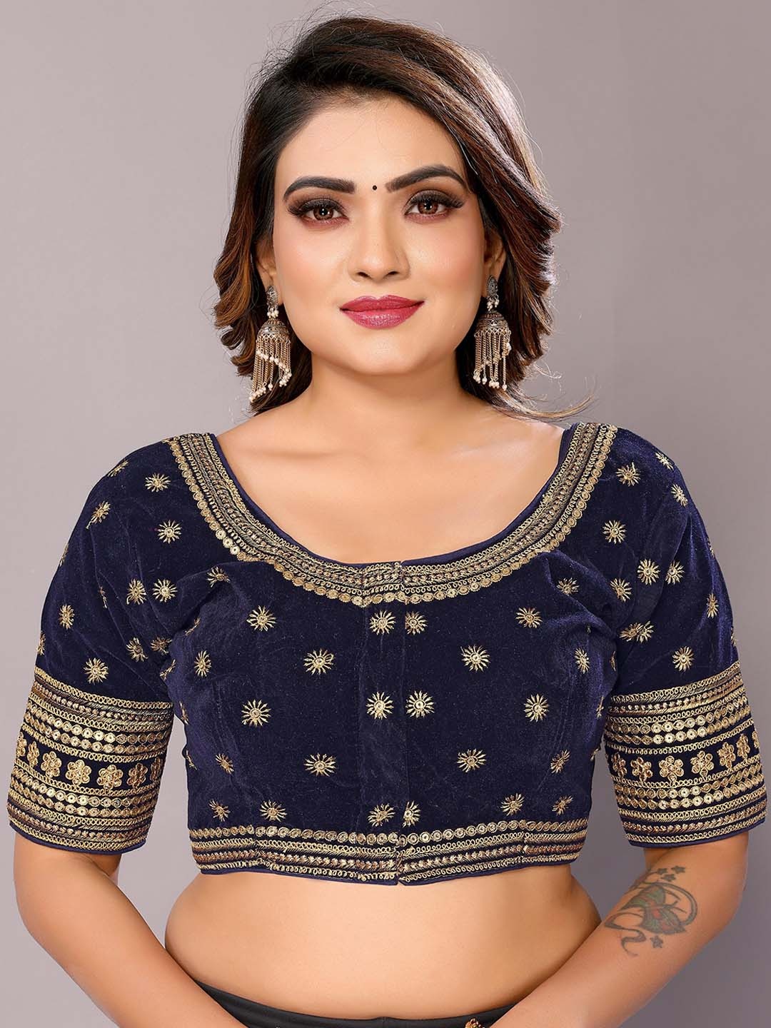 

FABIAN FASHION Embroidered Velvet Saree Blouse, Navy blue