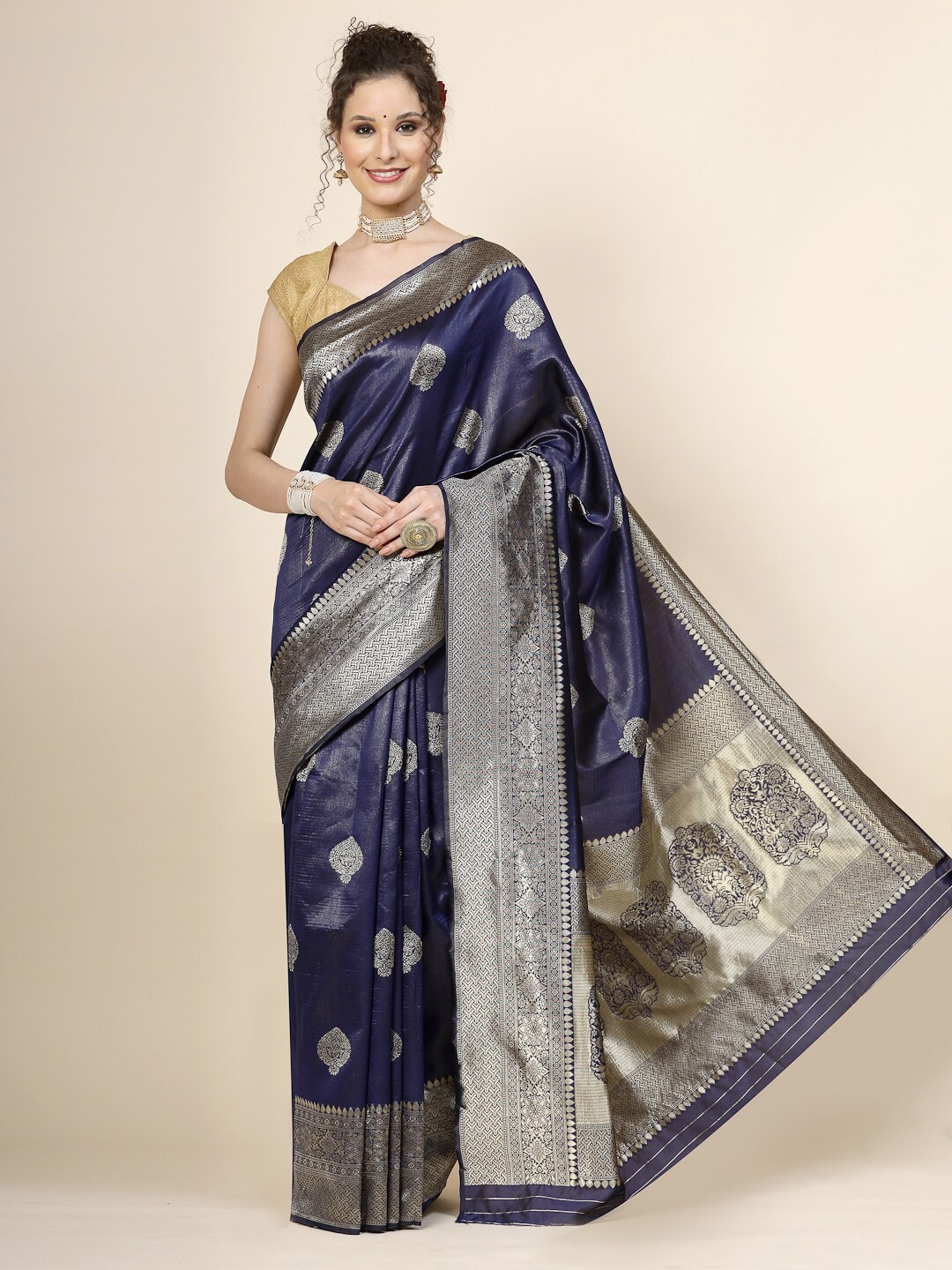 

KALINI Ethnic Motifs Woven Design Pure Silk Banarasi Zari Saree, Blue