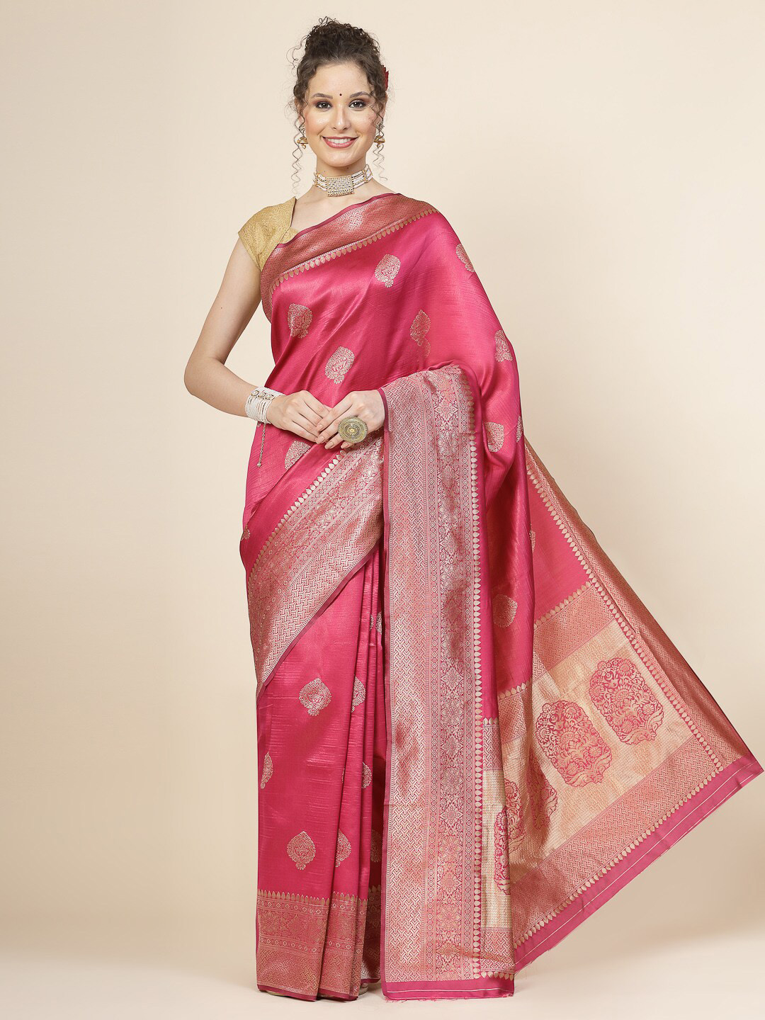 

KALINI Ethnic Motifs Woven Design Zari Pure Silk Banarasi Saree, Pink