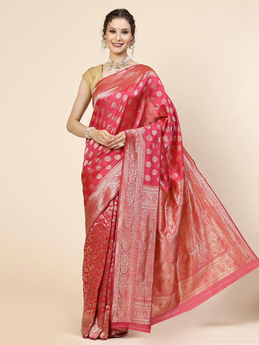 

KALINI Ethnic Motifs Woven Design Zari Pure Silk Banarasi Saree, Pink